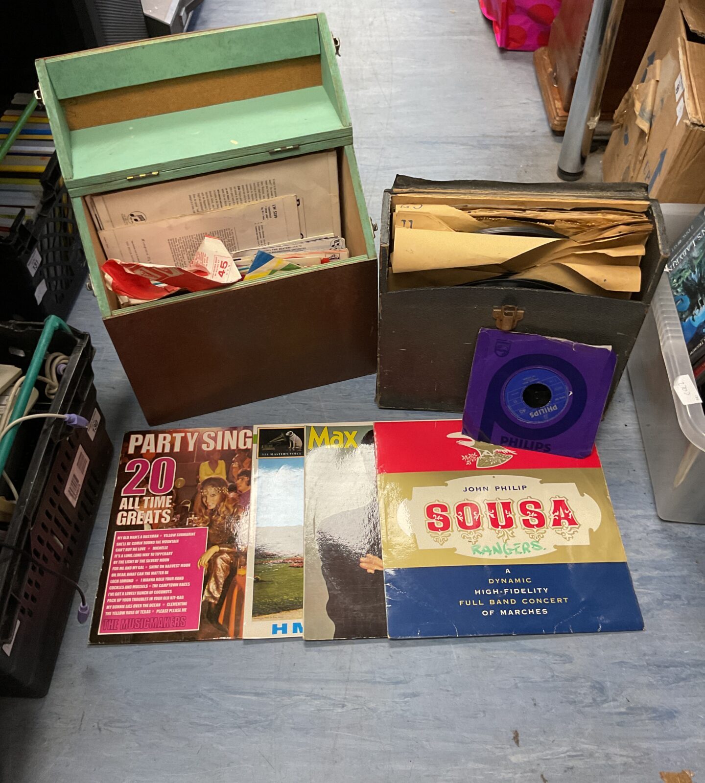 Two boxes of 1930s gramophone records