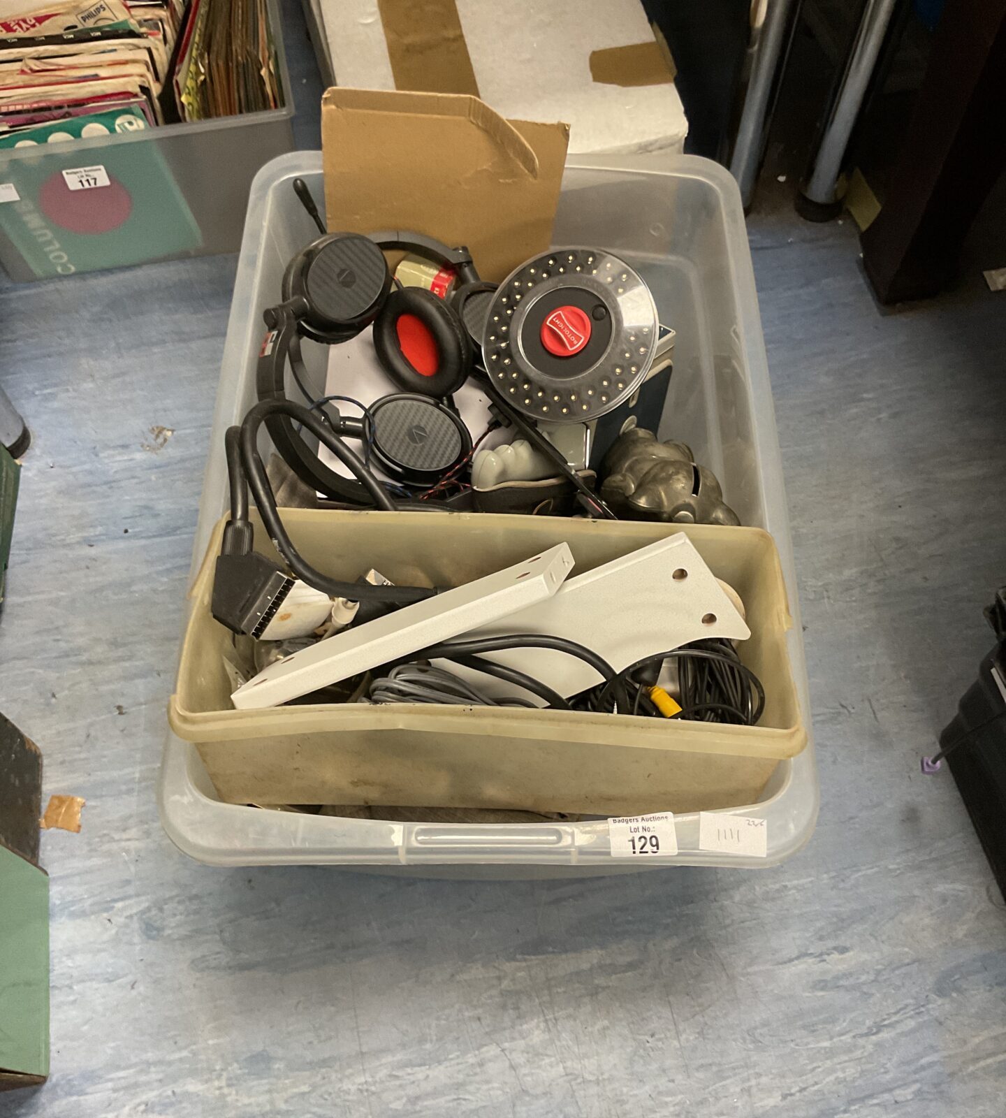 Box of mixed electricals inc headsets and led rotolight