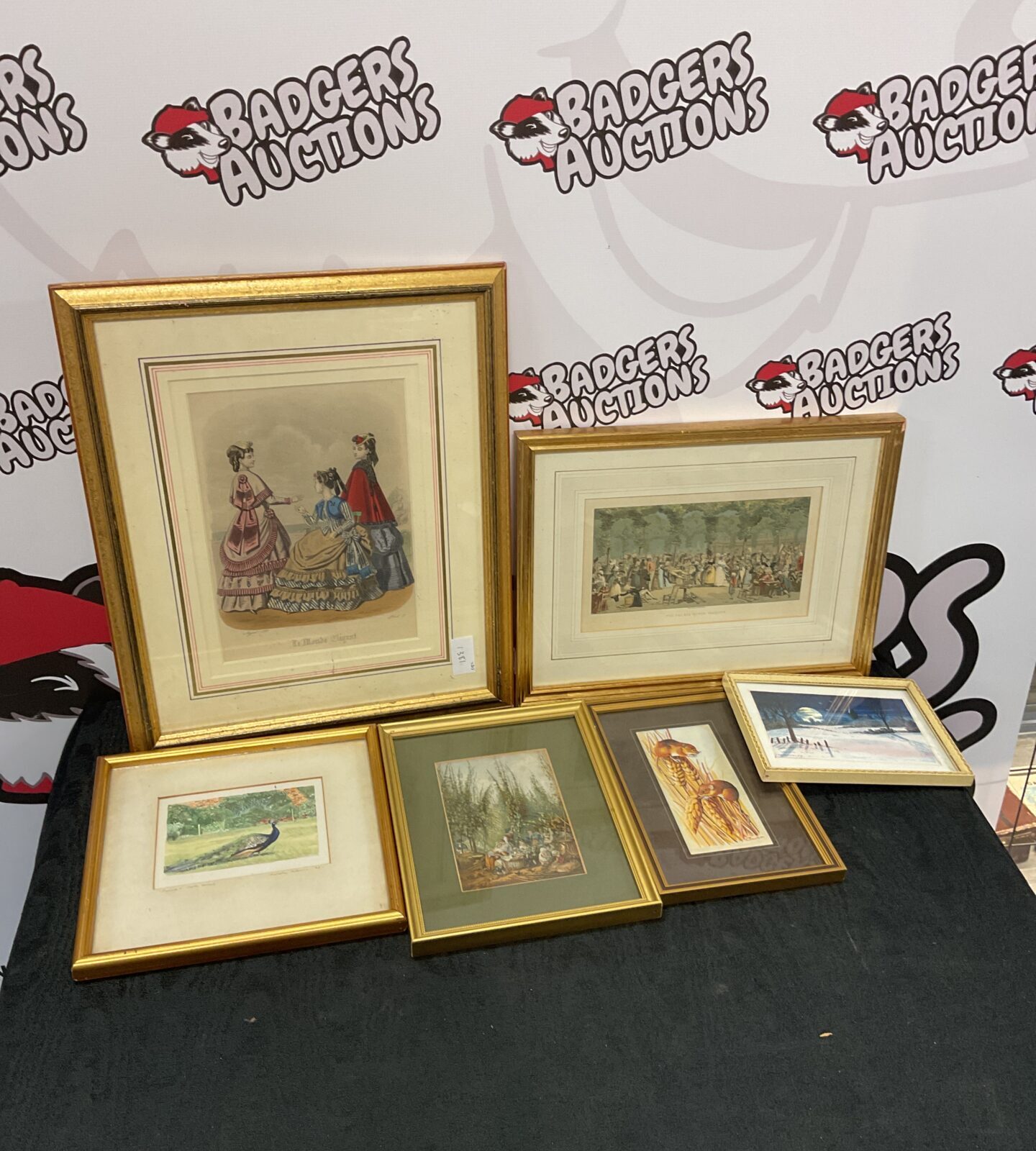 Six gilt framed prints & artworks including j & j cash woven silk harvest mice