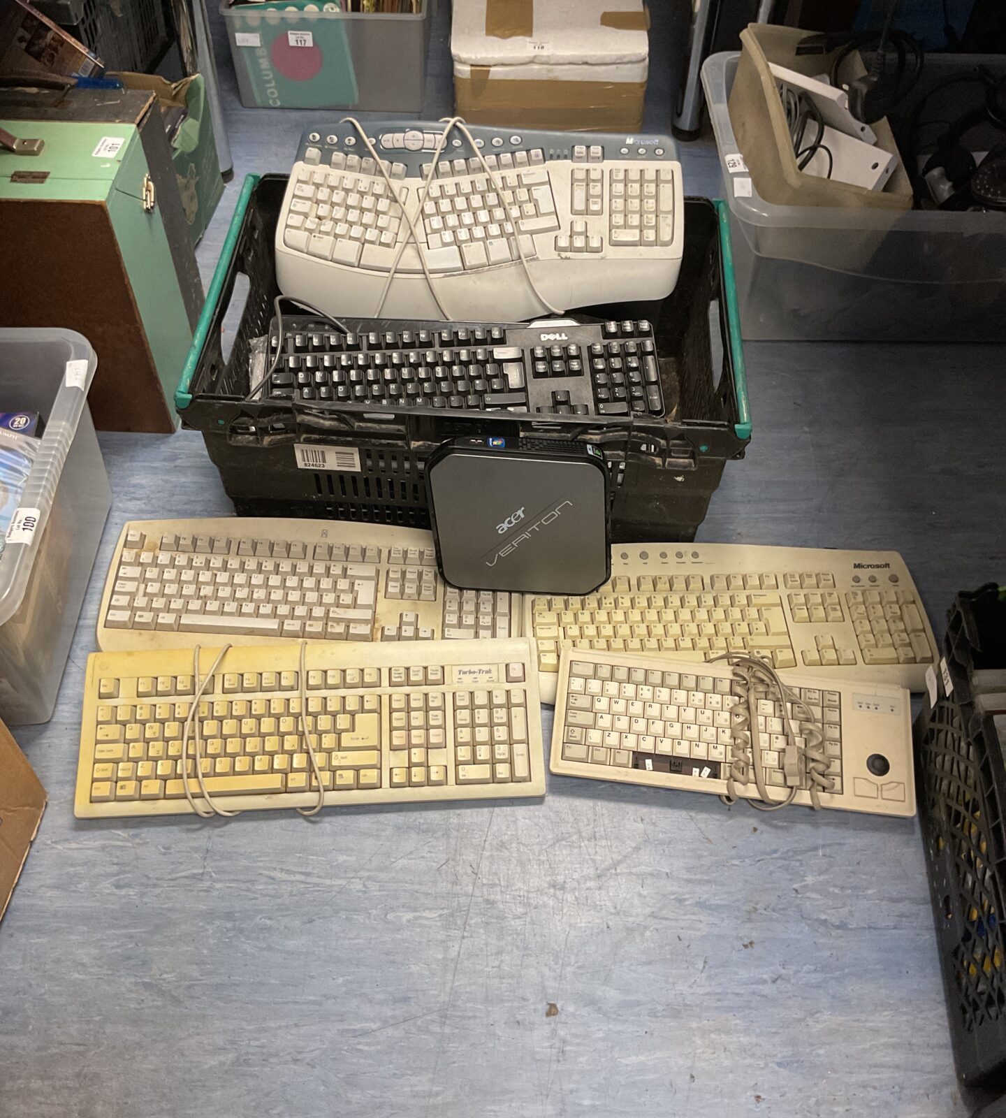 Crate of mixed keyboards inc retro packard bell, microsoft, turbo track and acer veriton mini pc