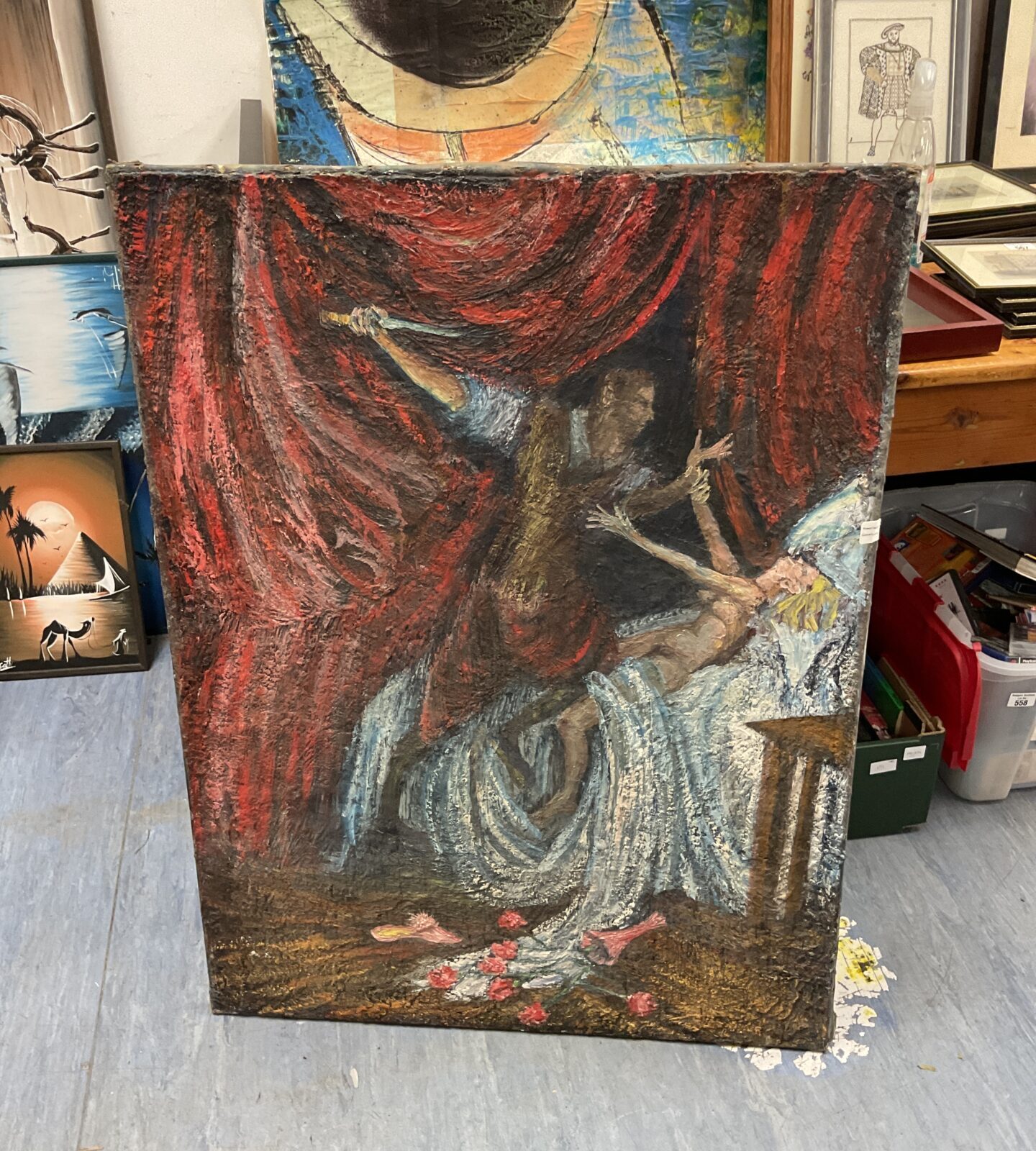 mid 20th century oil on canvas of a classical tryst with monogram signature