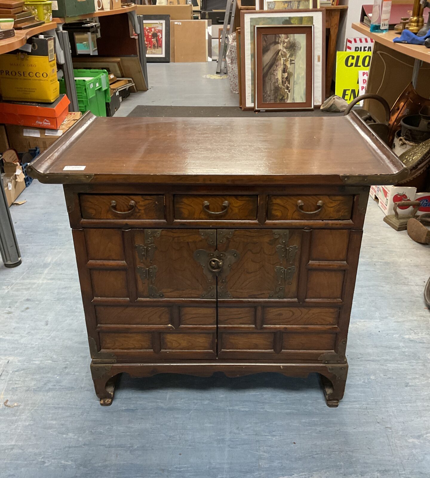 Vintage korean brass mounted elm morijang side cabinet