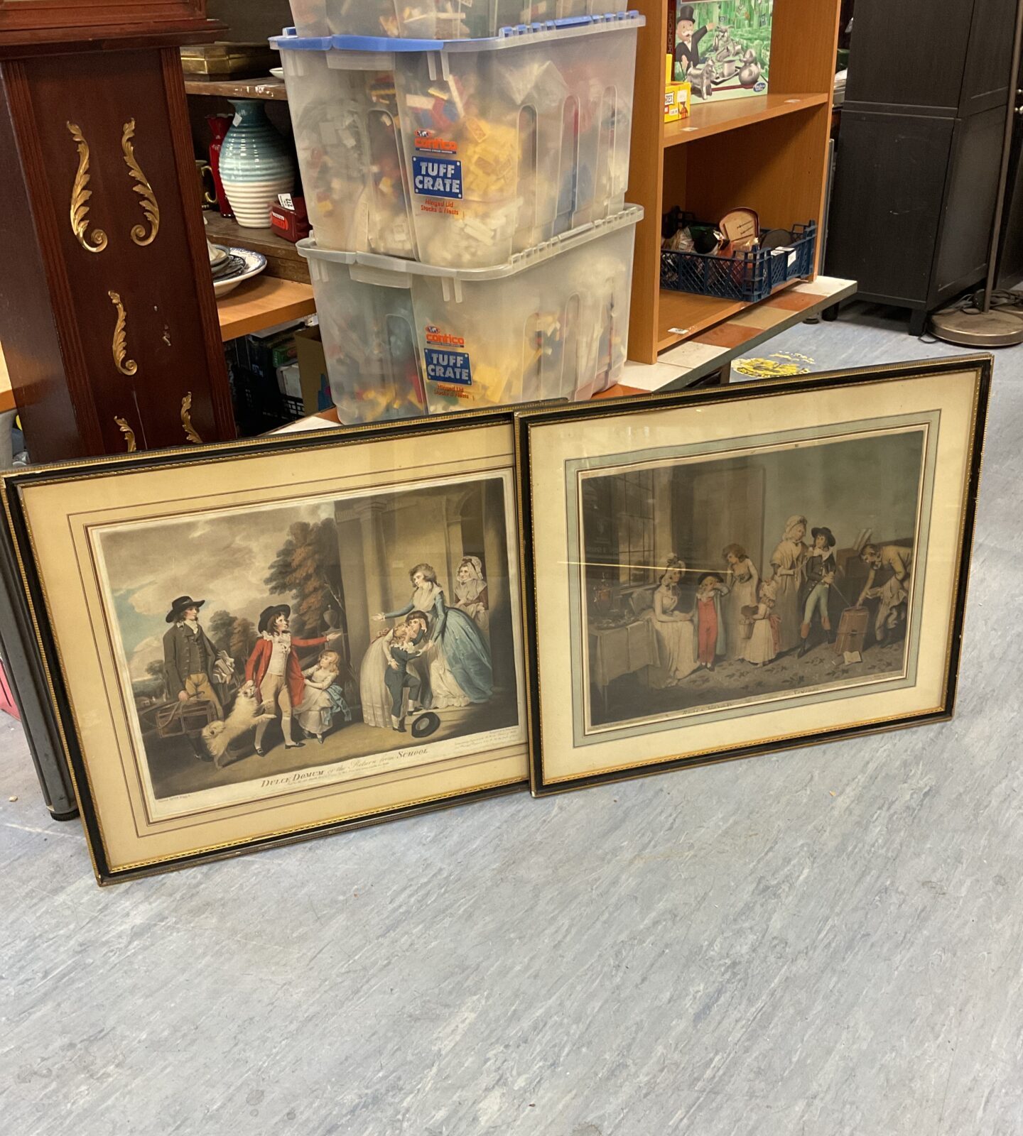 pair of 18th century mesotints after w r bigg of family group scenes going & returning to school