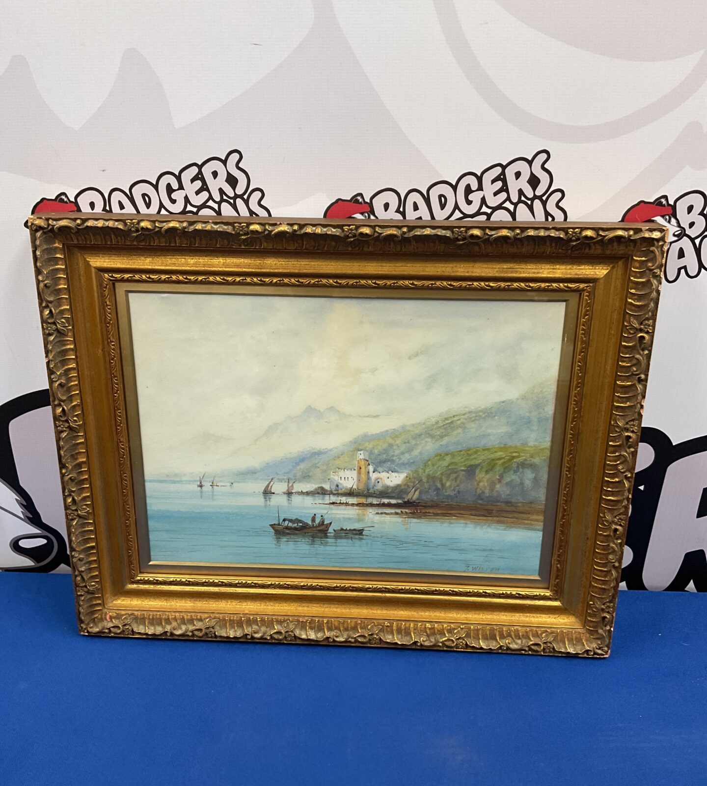 t wilson signed watercolour mountainous lake view with sail boats & castle