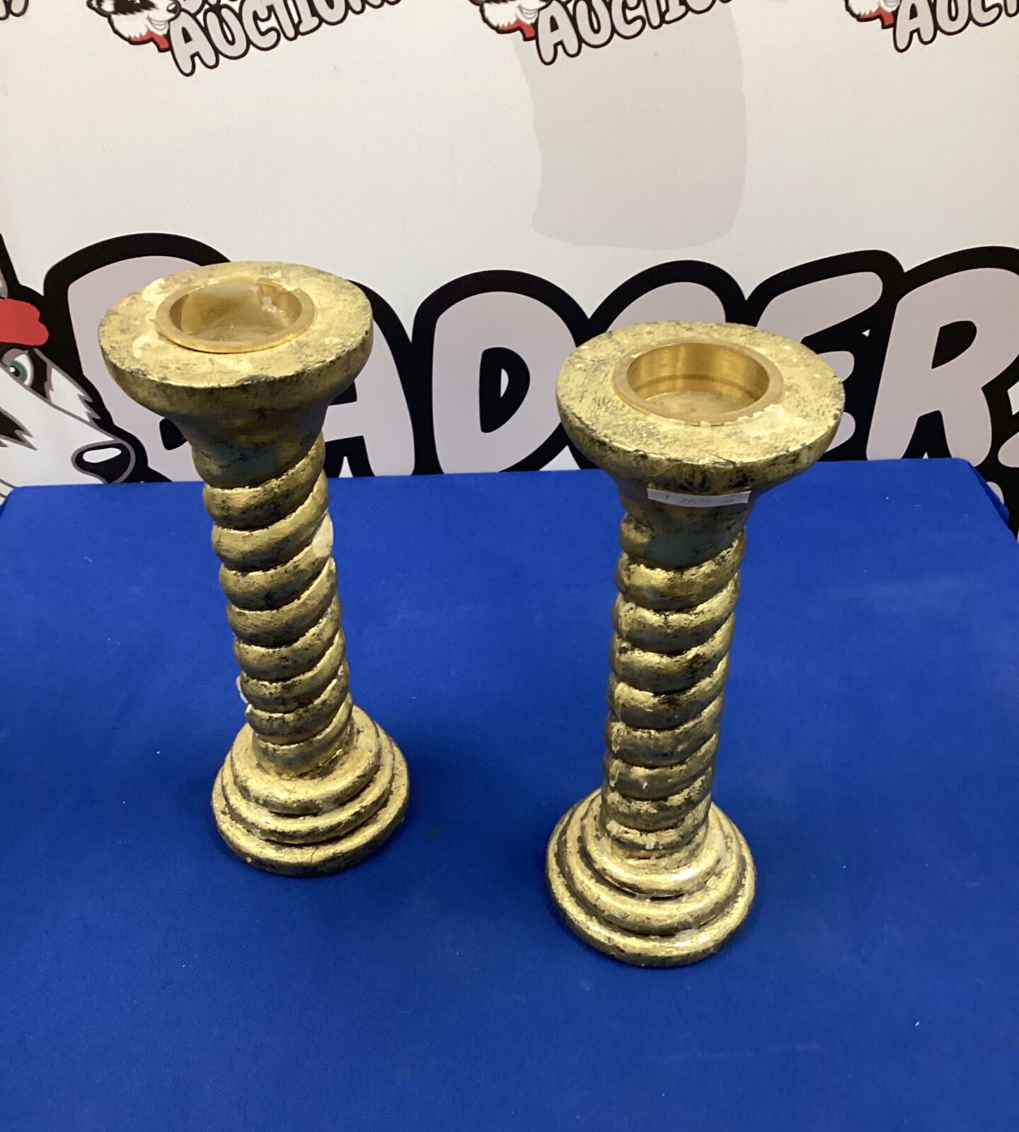 Pair of Indonesian wooden gold painted candlesticks