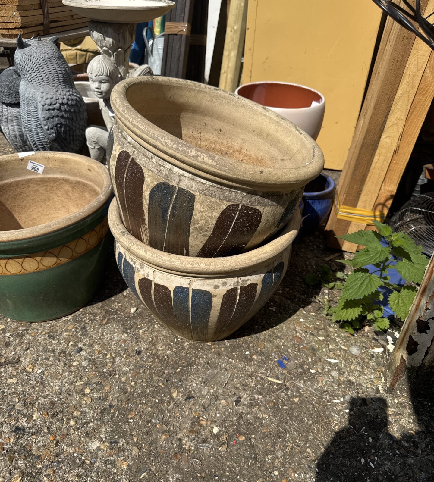 Two large terracotta garden pots 15.5” diameter - one has hairline crack