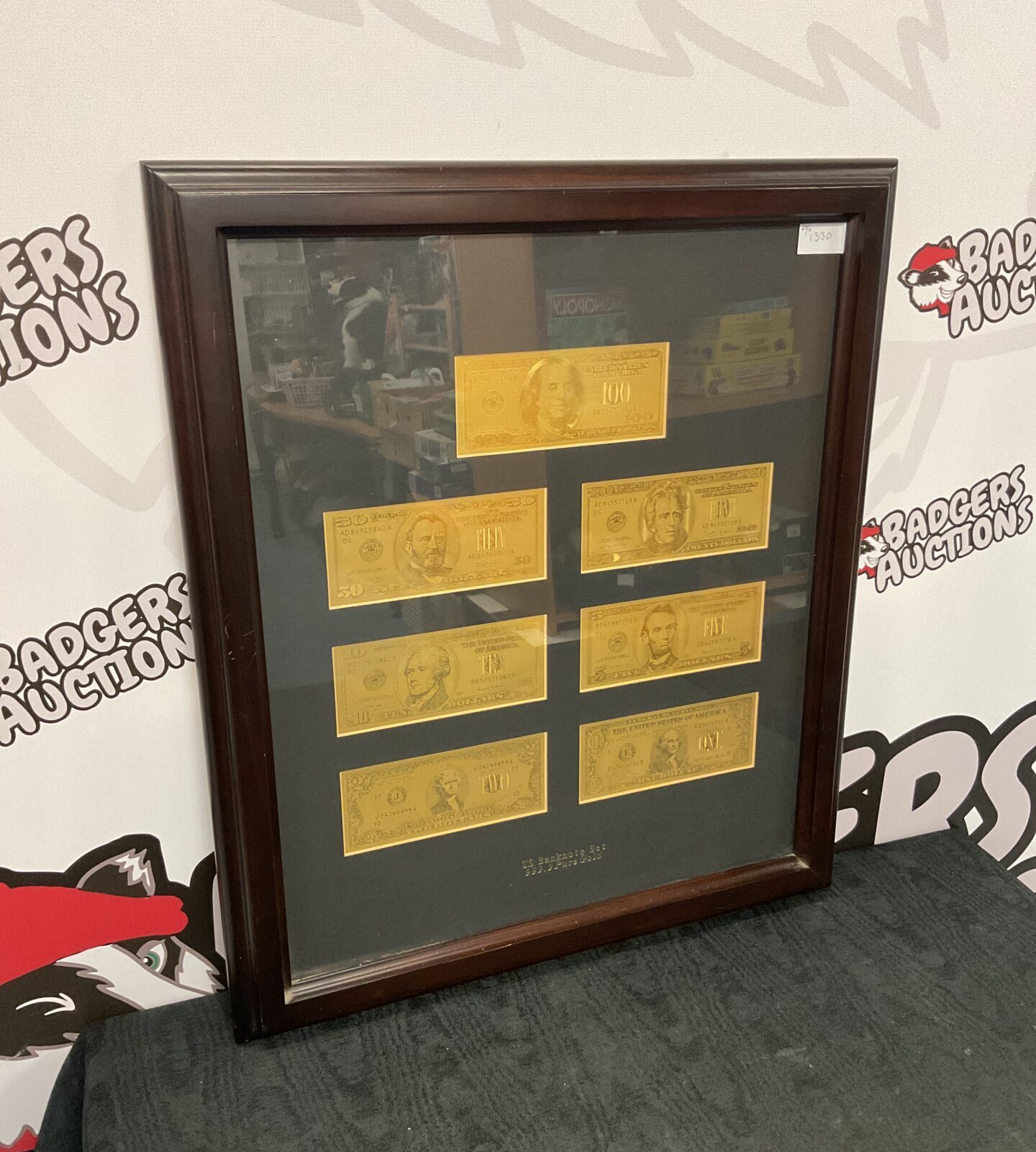 Framed United States 999.9 gold leaf bank note set