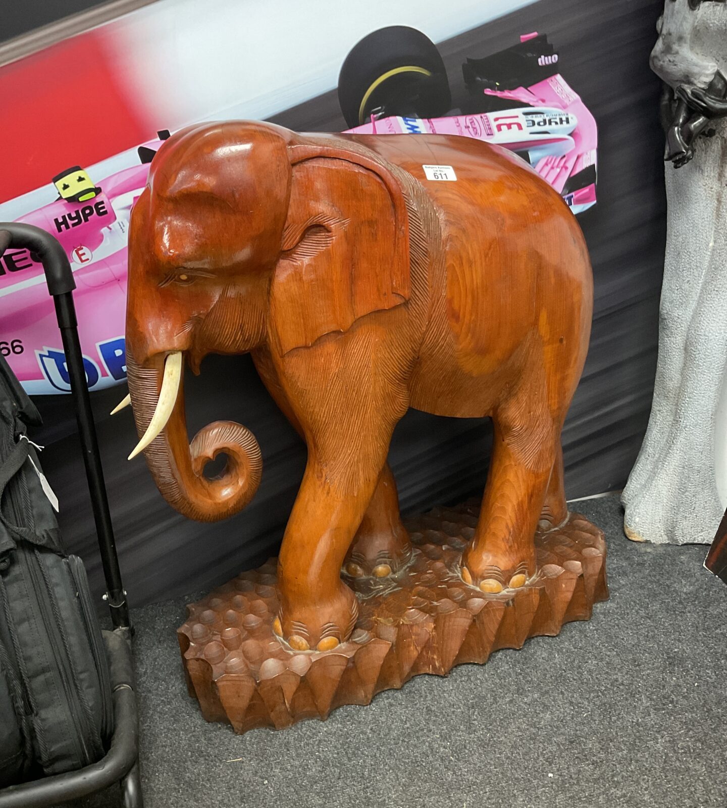 Very large hand carved wooden elephant 31” x 26”