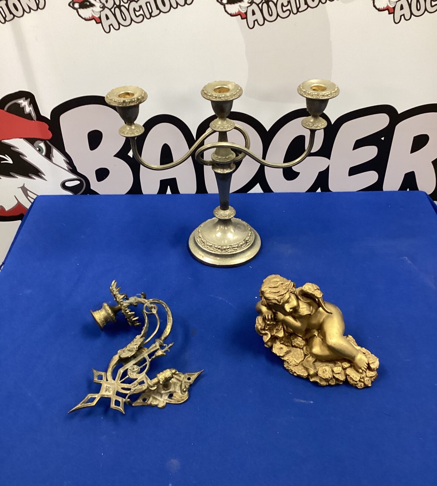 Brass wall mounted candlestick, candelabra & resin cherub