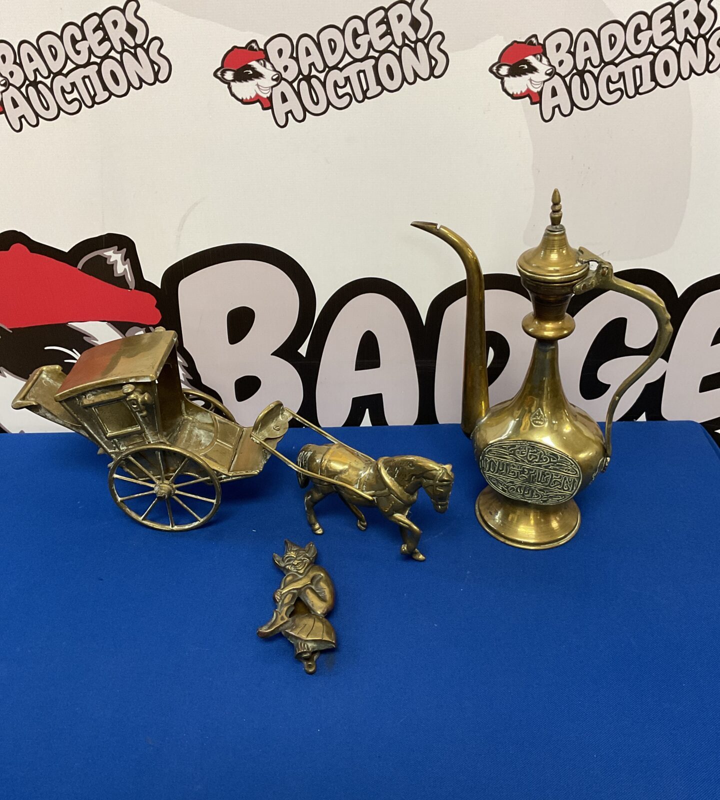 Brass middle eastern dallah teapot, horse & cart & cornish piskie knocker