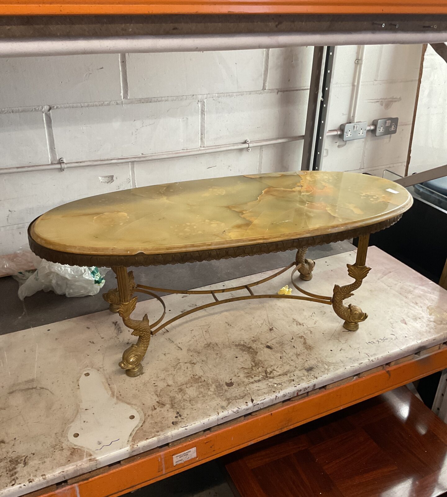 Vintage alabaster brass fished legged coffee table (break on top)