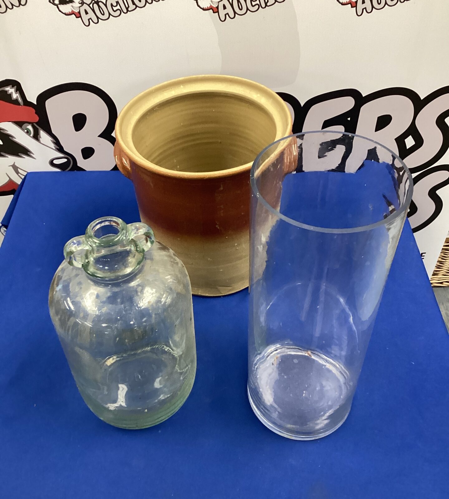 Large glass vase, glass Demi john & large salt glazed jar