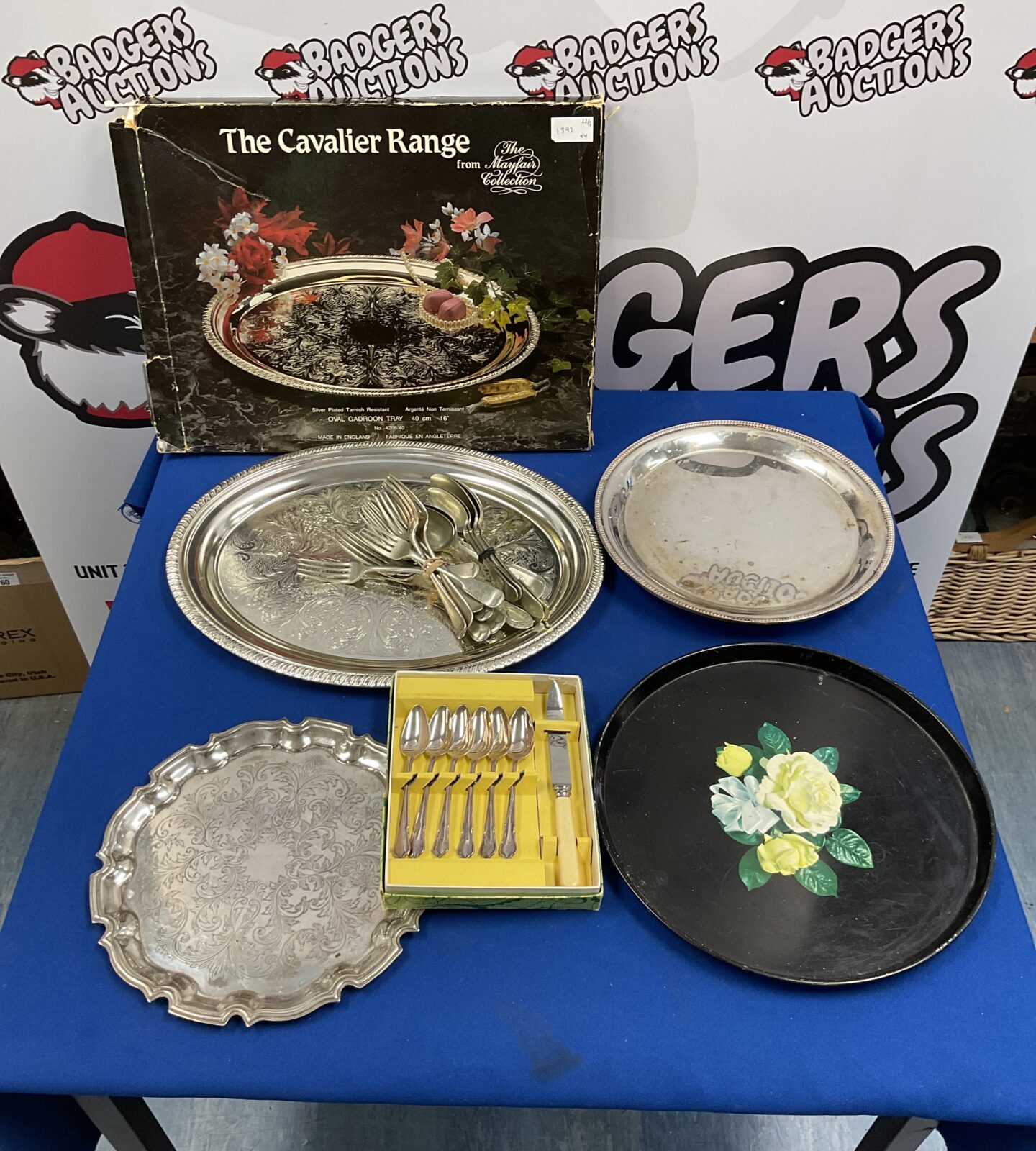 Three Silverplate trays a metal tray and cutlery