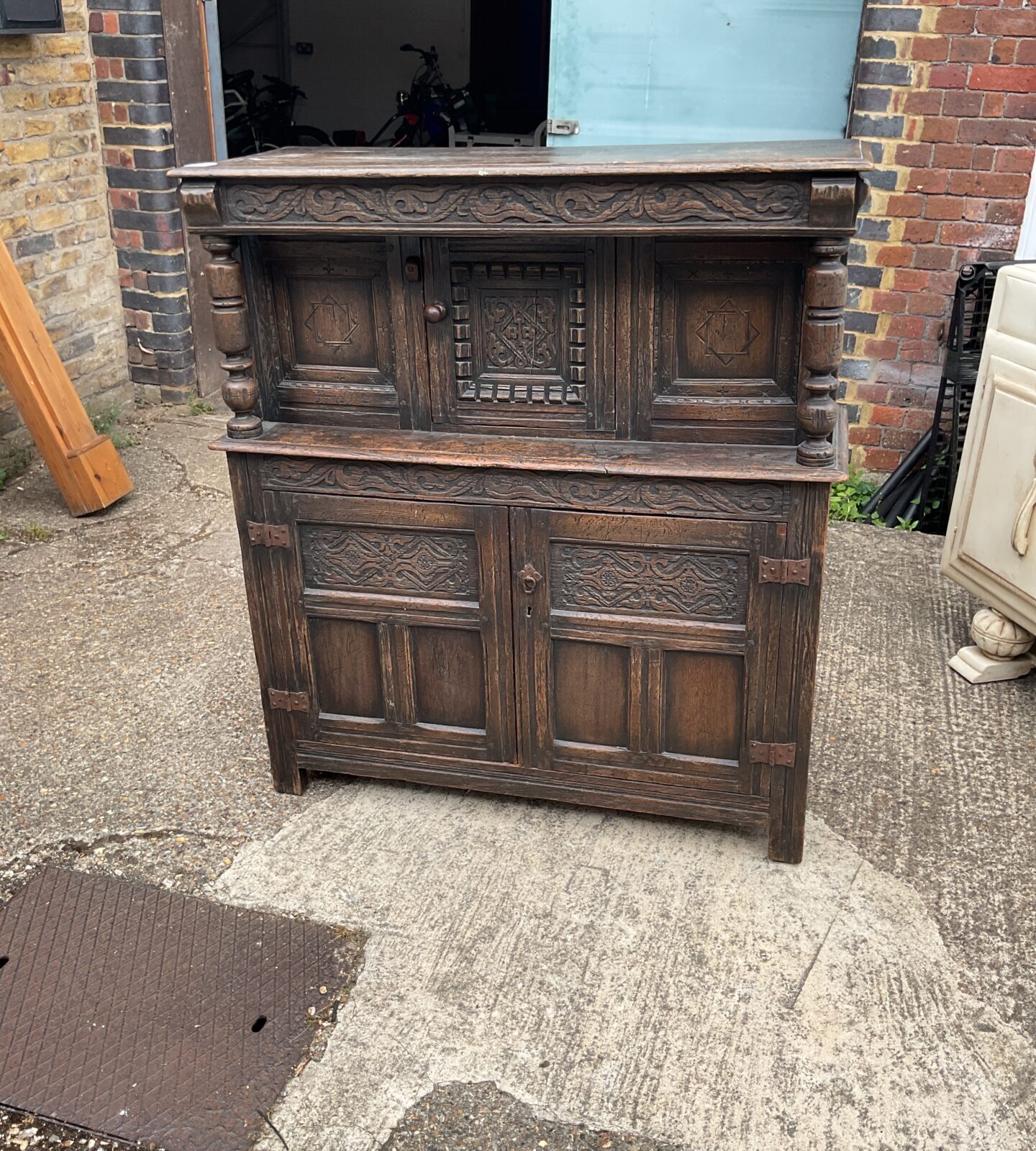 Antique 17th century Oak Carved Indian Court Cupboard 43.5cmL X 49cmH approx