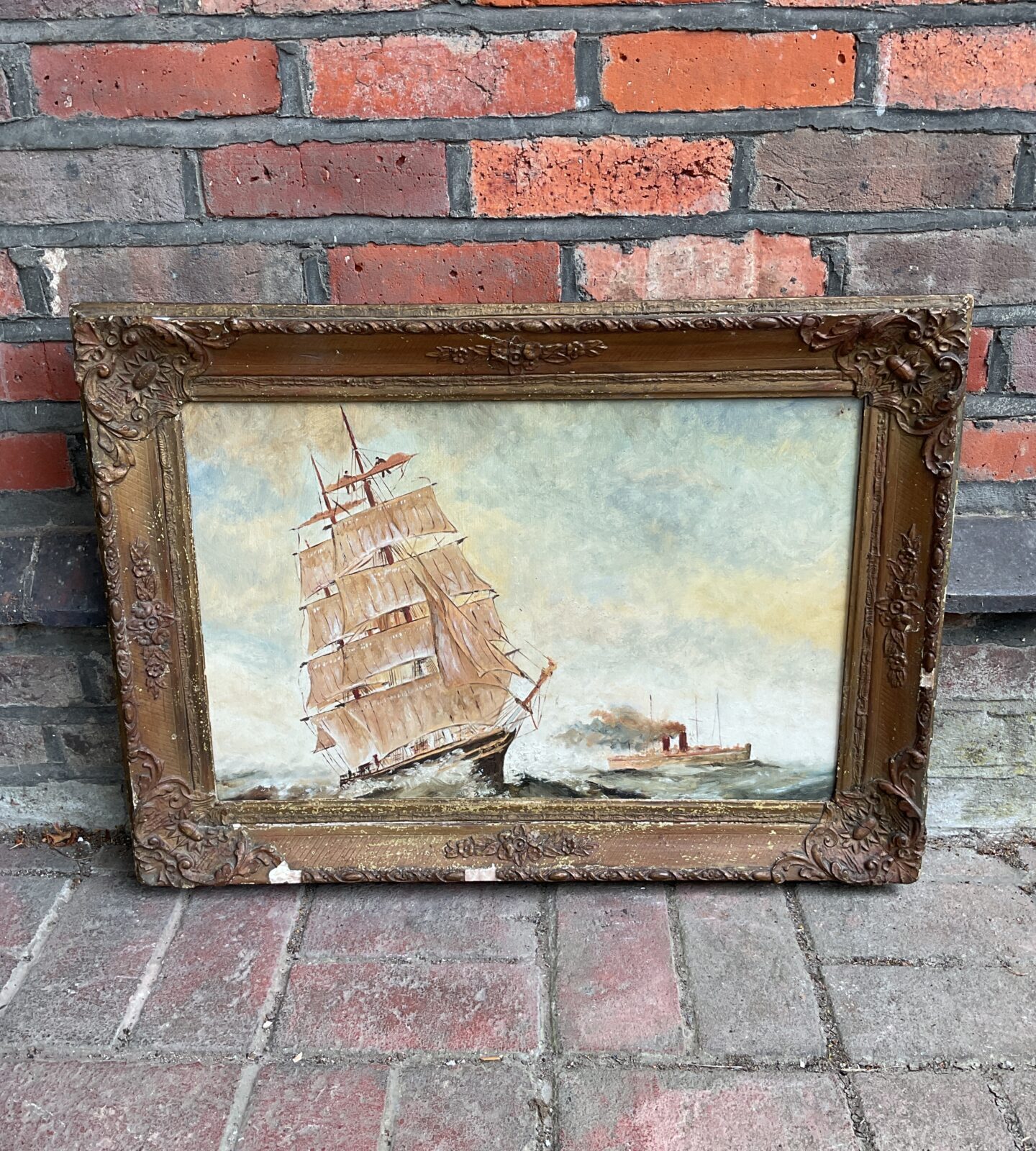 Antique oil on board of a barque sailing ship & steam boat in rough seas