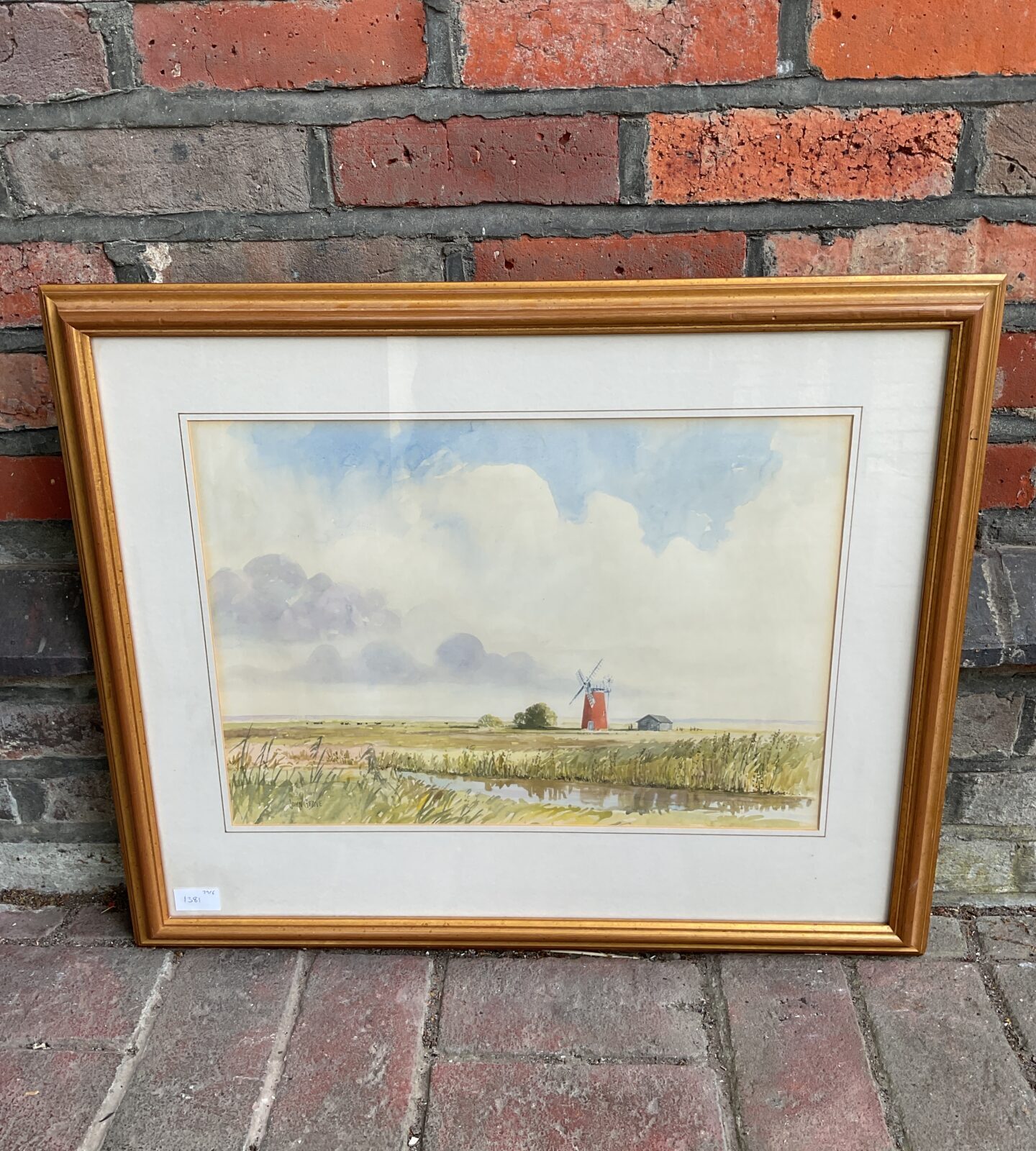 john grove framed watercolour of a lowland lanscape with cattle & windmill