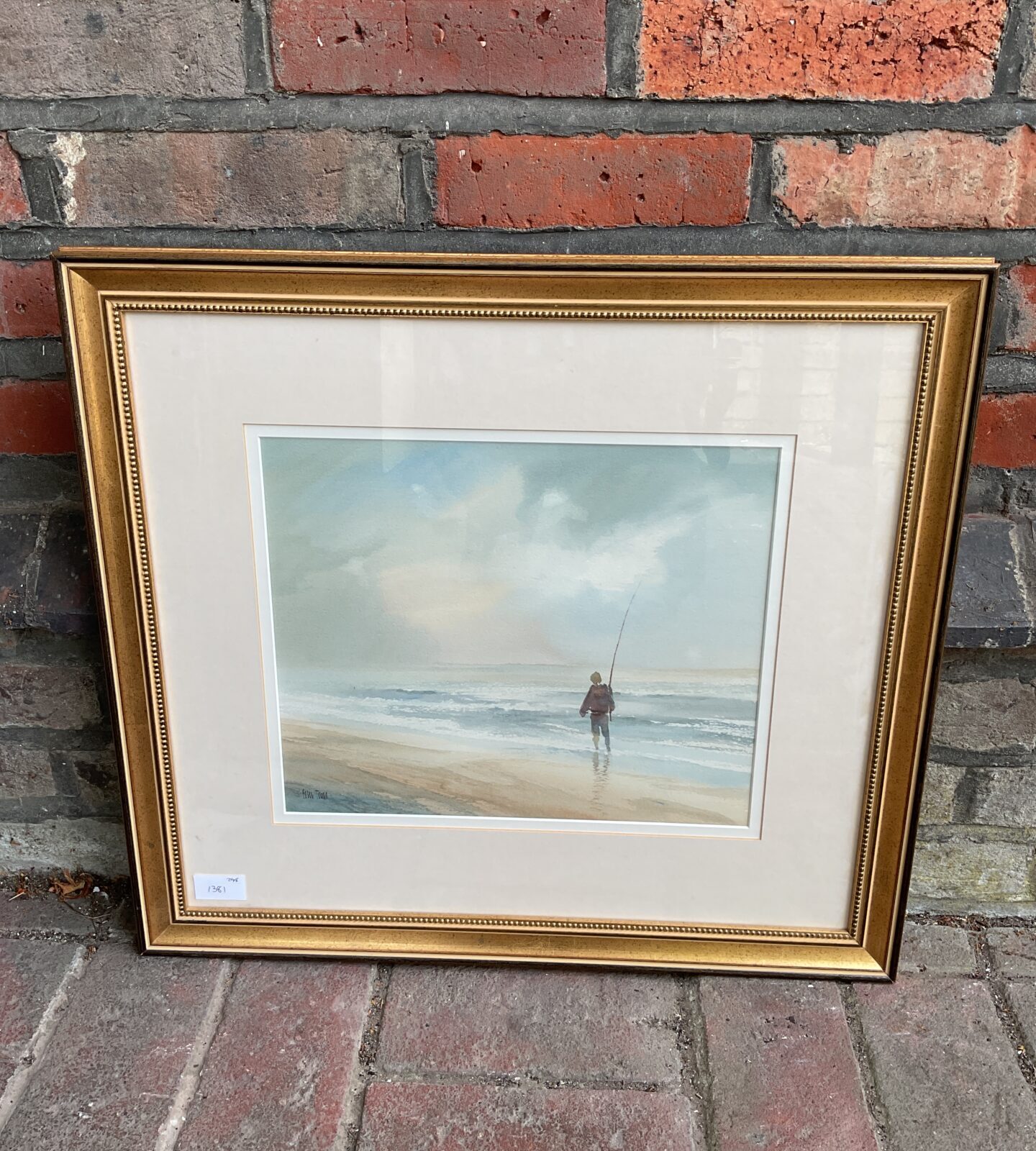 peter toms watercolour of a fisherman titled an evening cast
