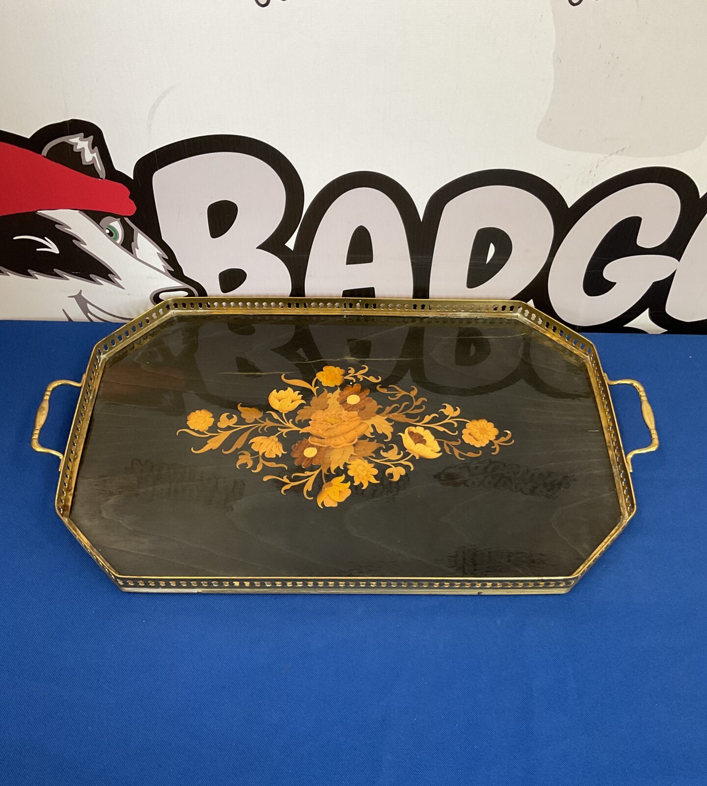 Vintage lacquered marquetry serving tray