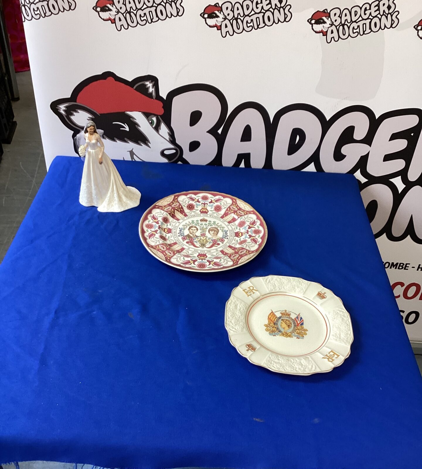 Two royal commemorative plates and Catherine Royal Bride Figurine