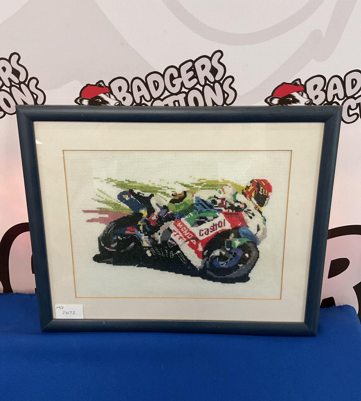 Framed motorbike embroidery of a super bike