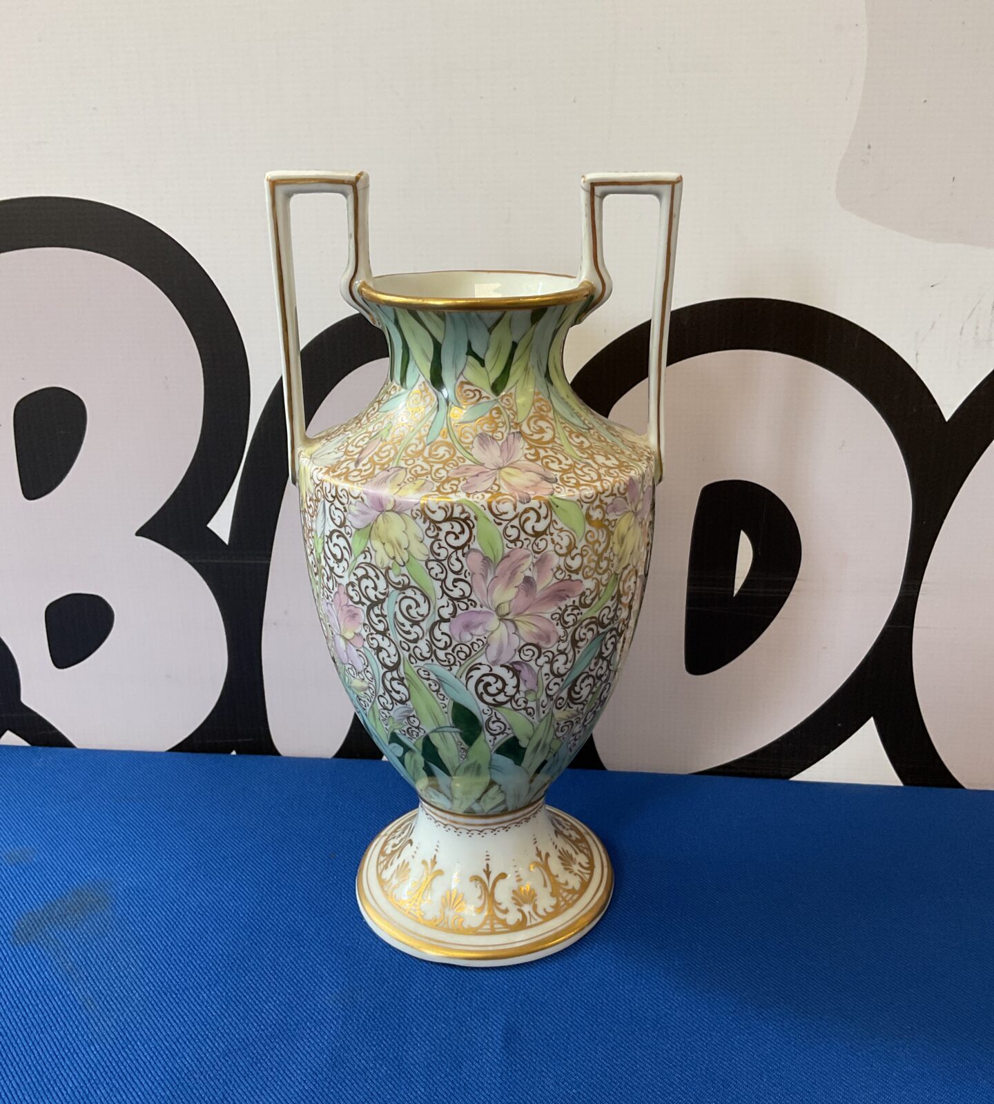 Dresden porcelain handled gilt vase with floral pattern