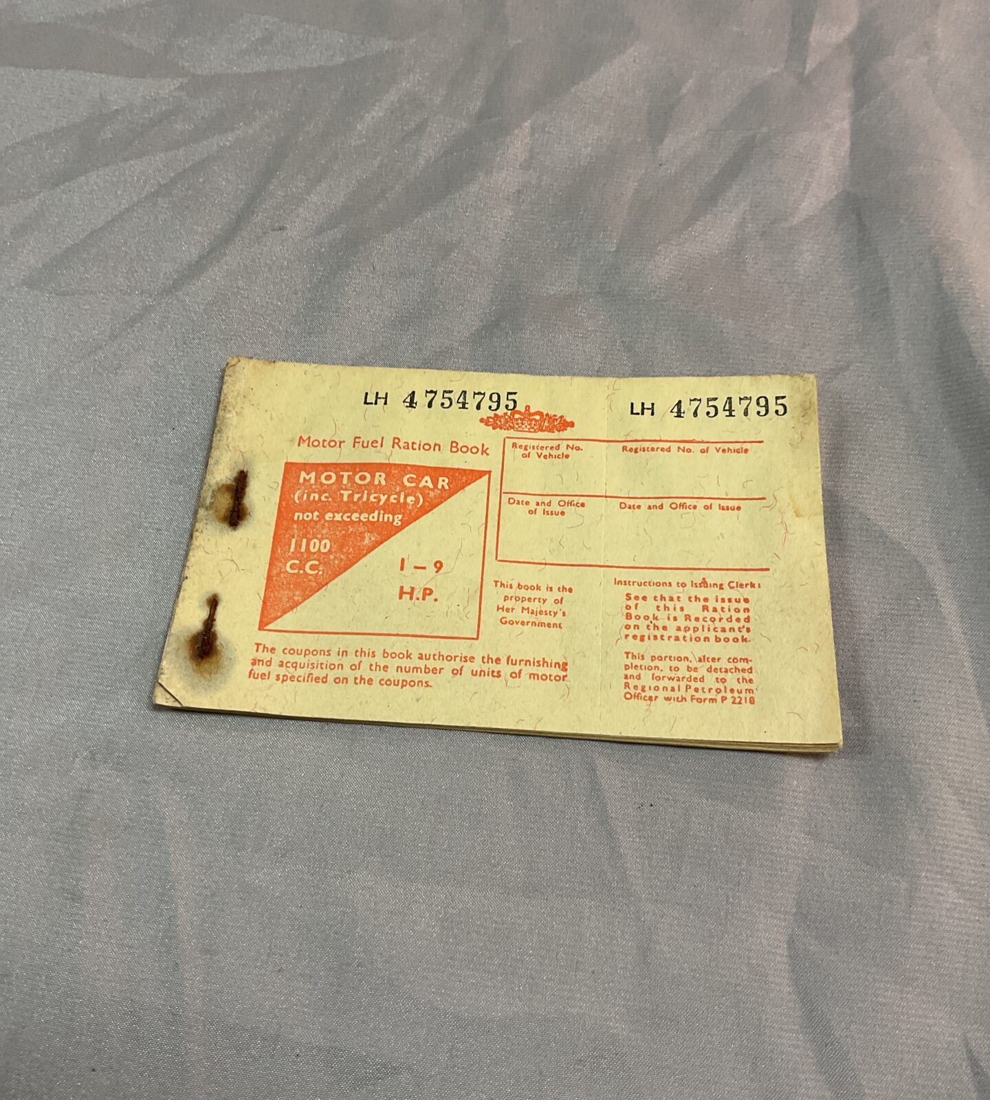 1950s Petrol ration booklet up to 1100 cc