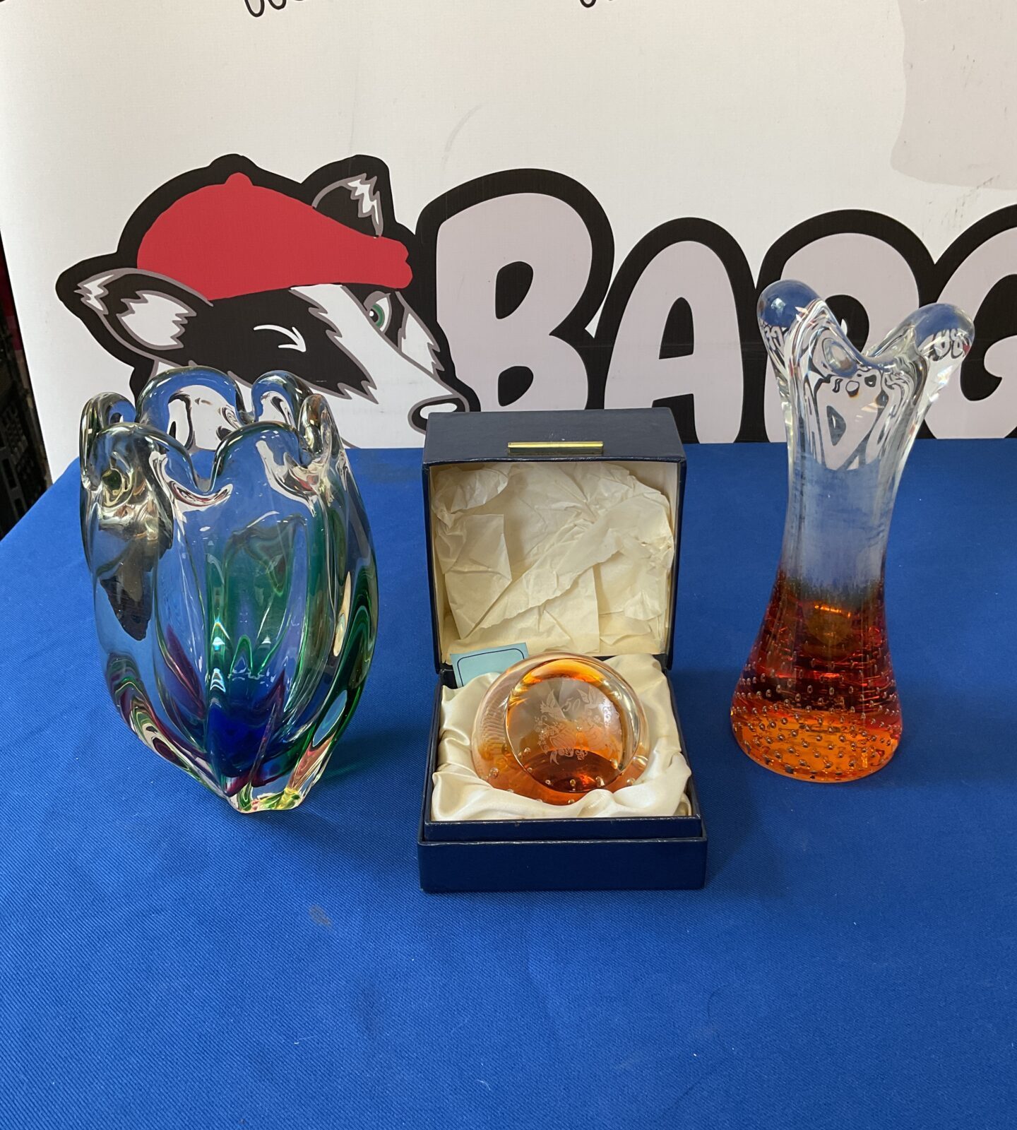 Two murano art glass vases & caithness paperweight