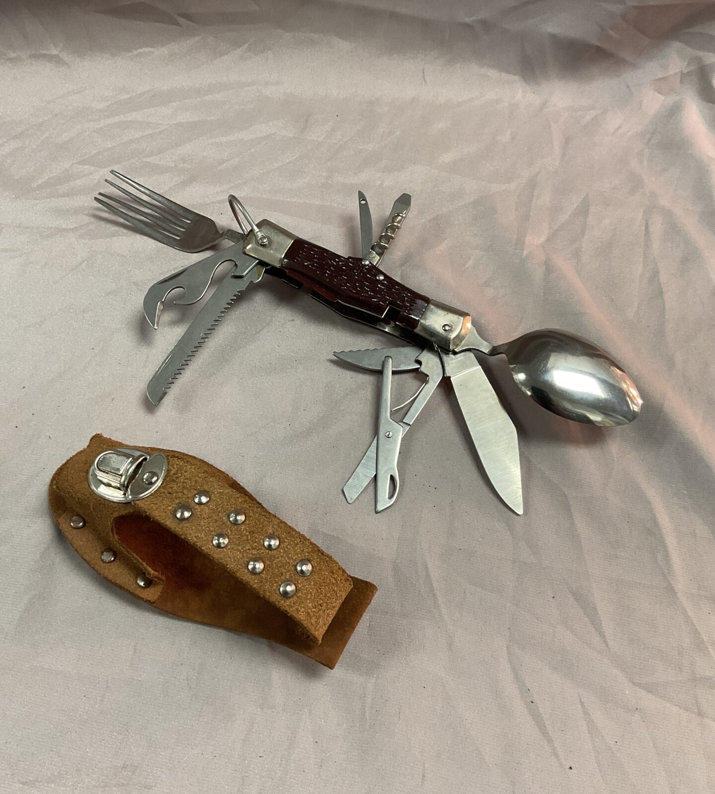 Japanese knife fork and spoon multi tool with belt pouch