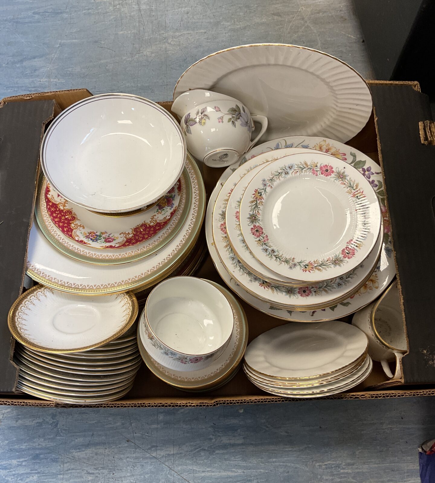 Large tray of mixed china including royal doulton & paragon