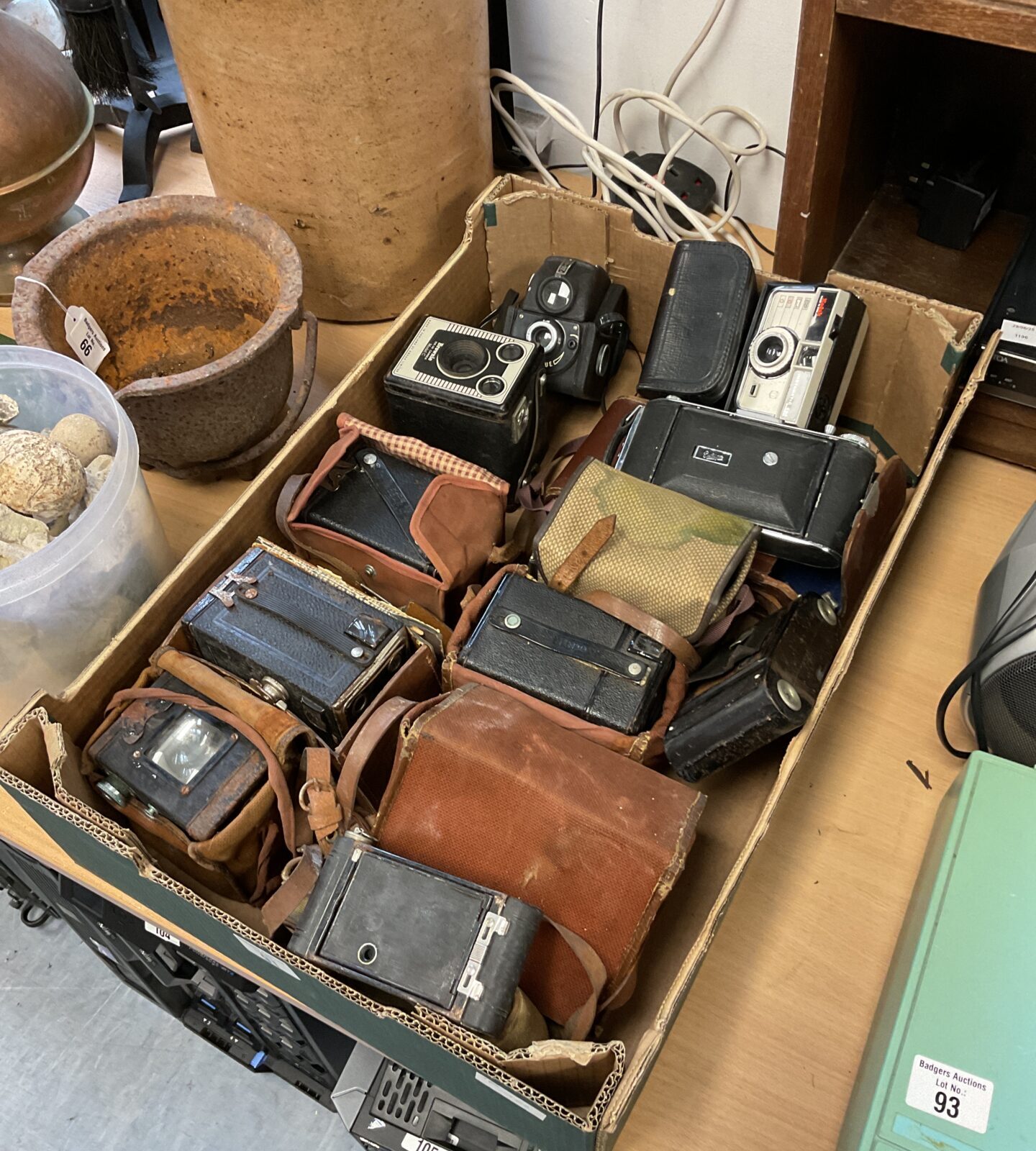 Large box of vintage cameras including ensign & kodak