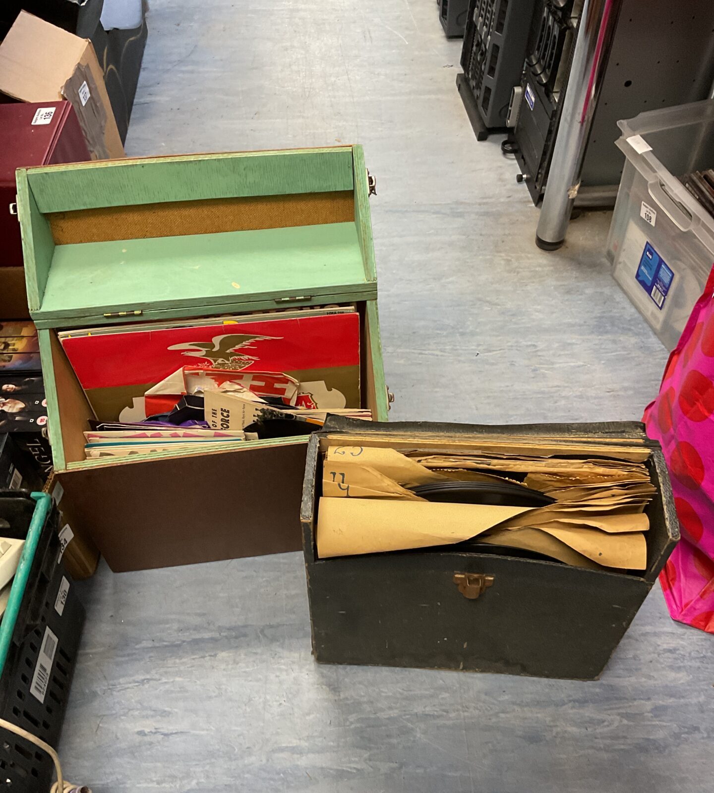 Case of 7” singles & case of gramophone records