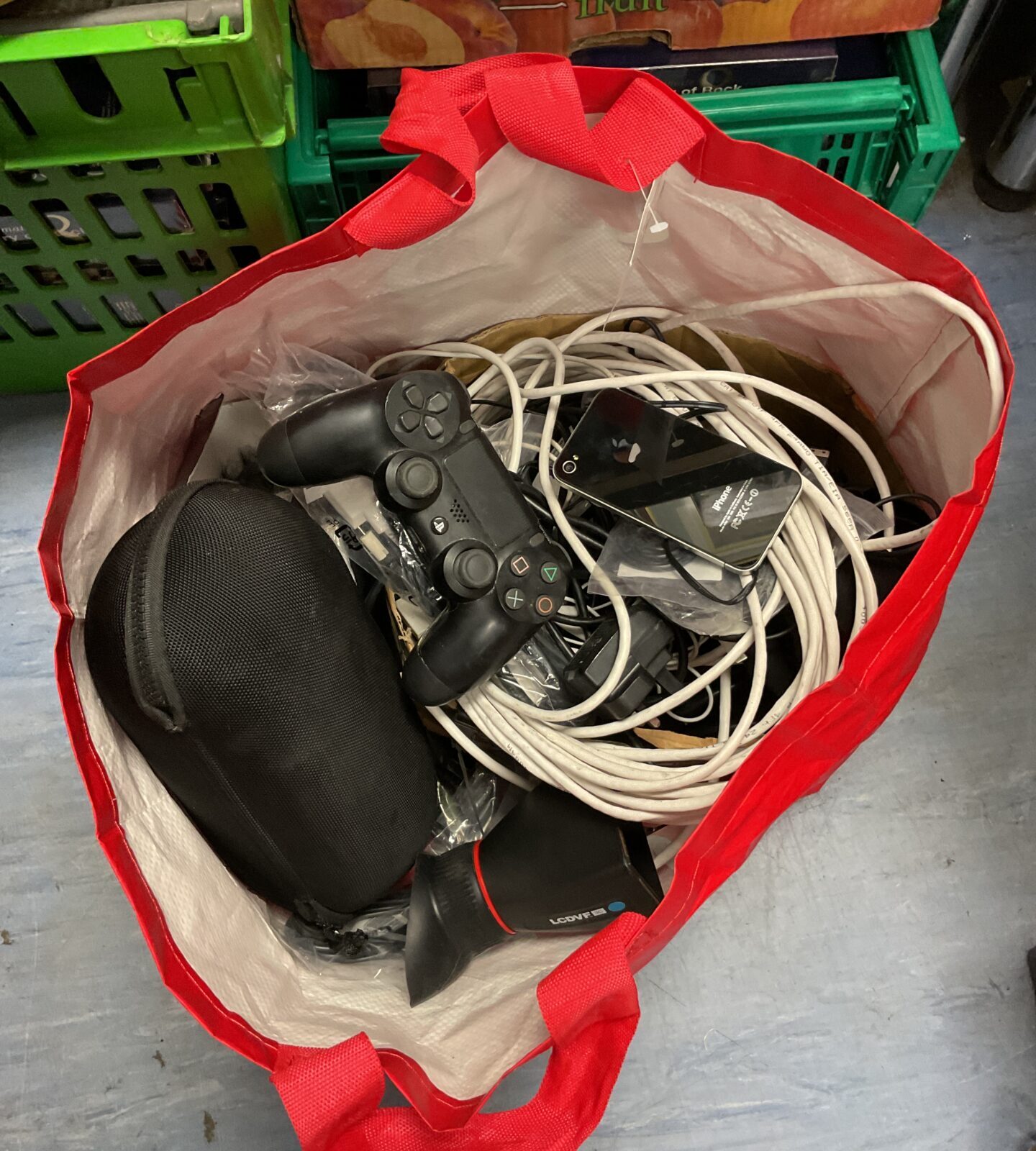 Bag of mixed cables including apple iphone & sony ps4 controller