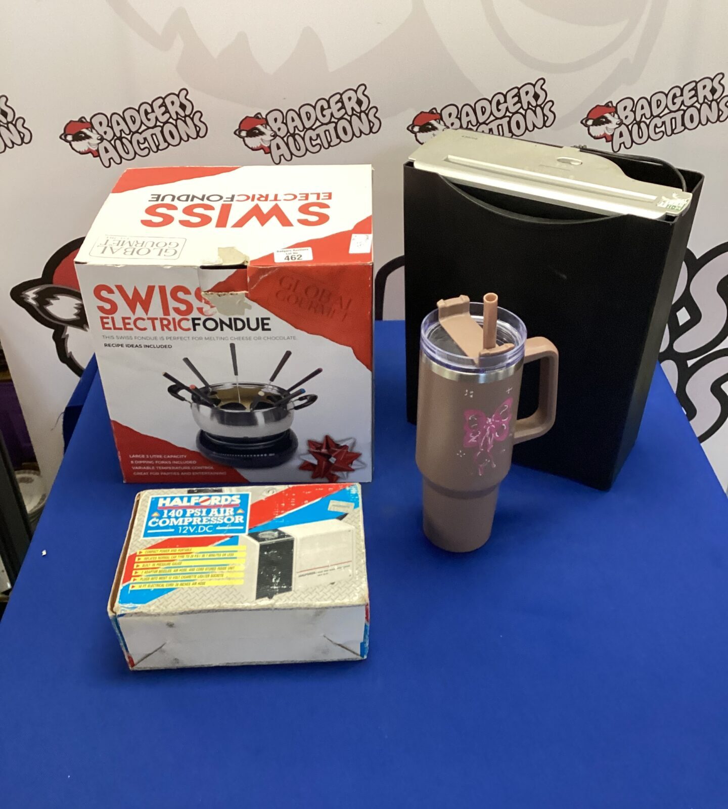 Swiss electric fondue set, halfords 140 psi air compressor, drinking flask & paper shredder