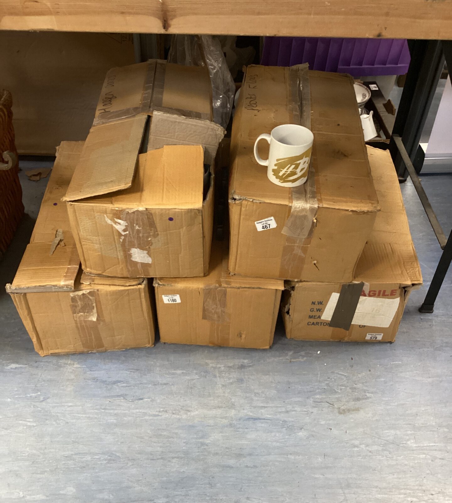 Five boxes of mugs branded bold & NEC
