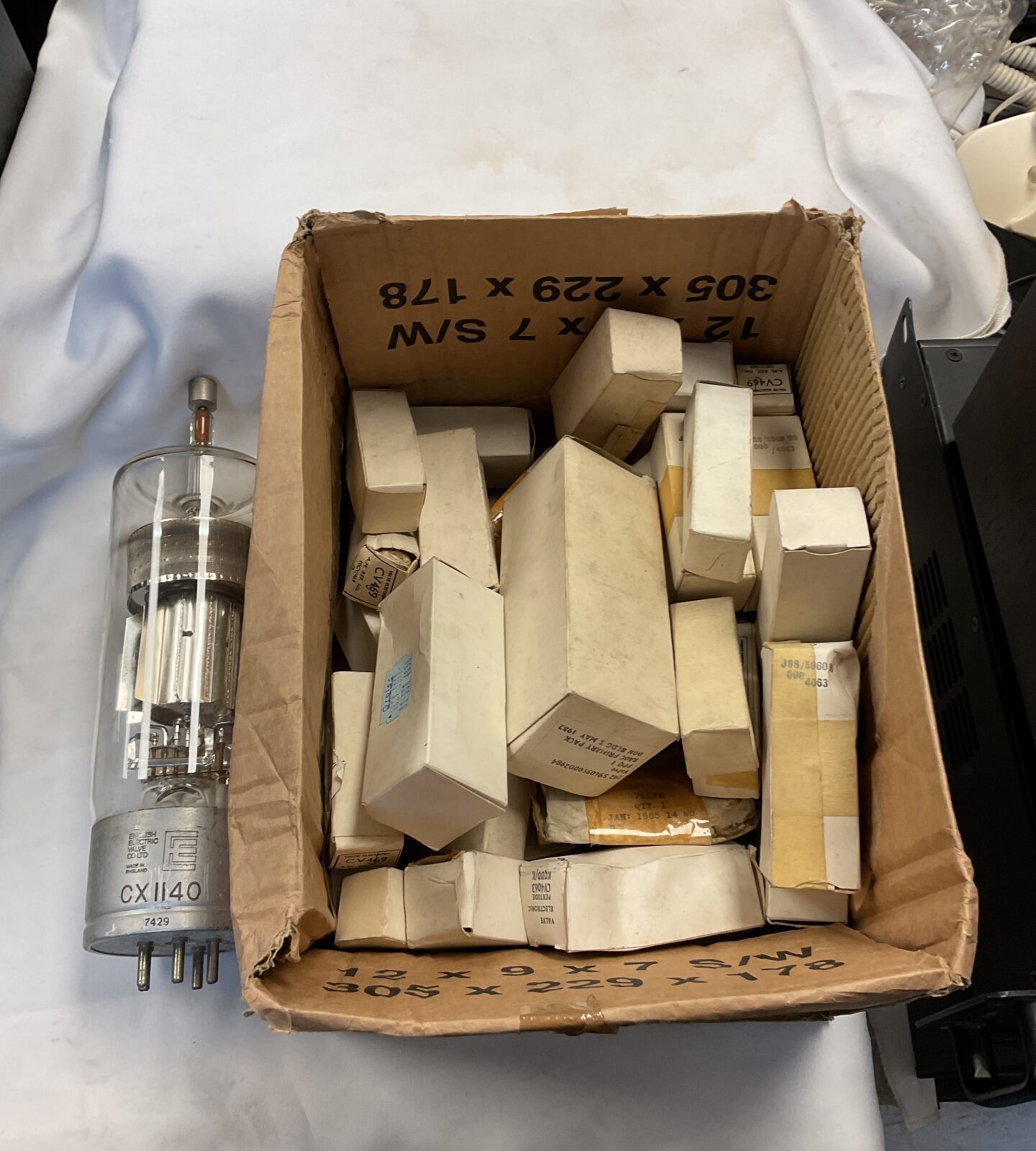 Box of vintage glass electronic radio valves inc cx1140 & cv4063