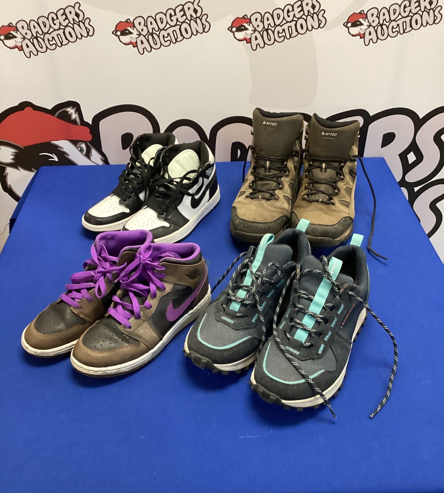 Two pairs of nike air jodans, pair of hi+tec walking boots & a pair of clarks walking boots
