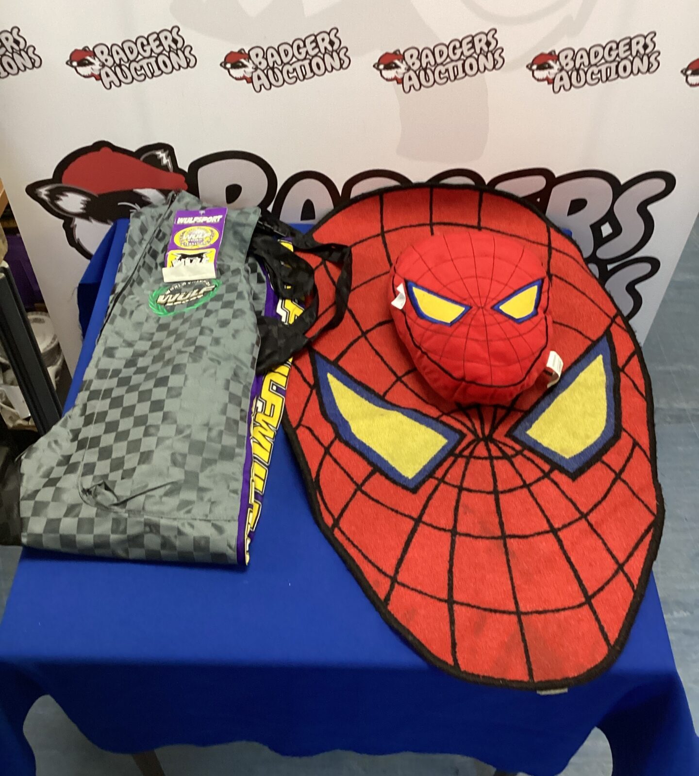 Spiderman floor mat & cushion with pair of world champion wulf sport overalls
