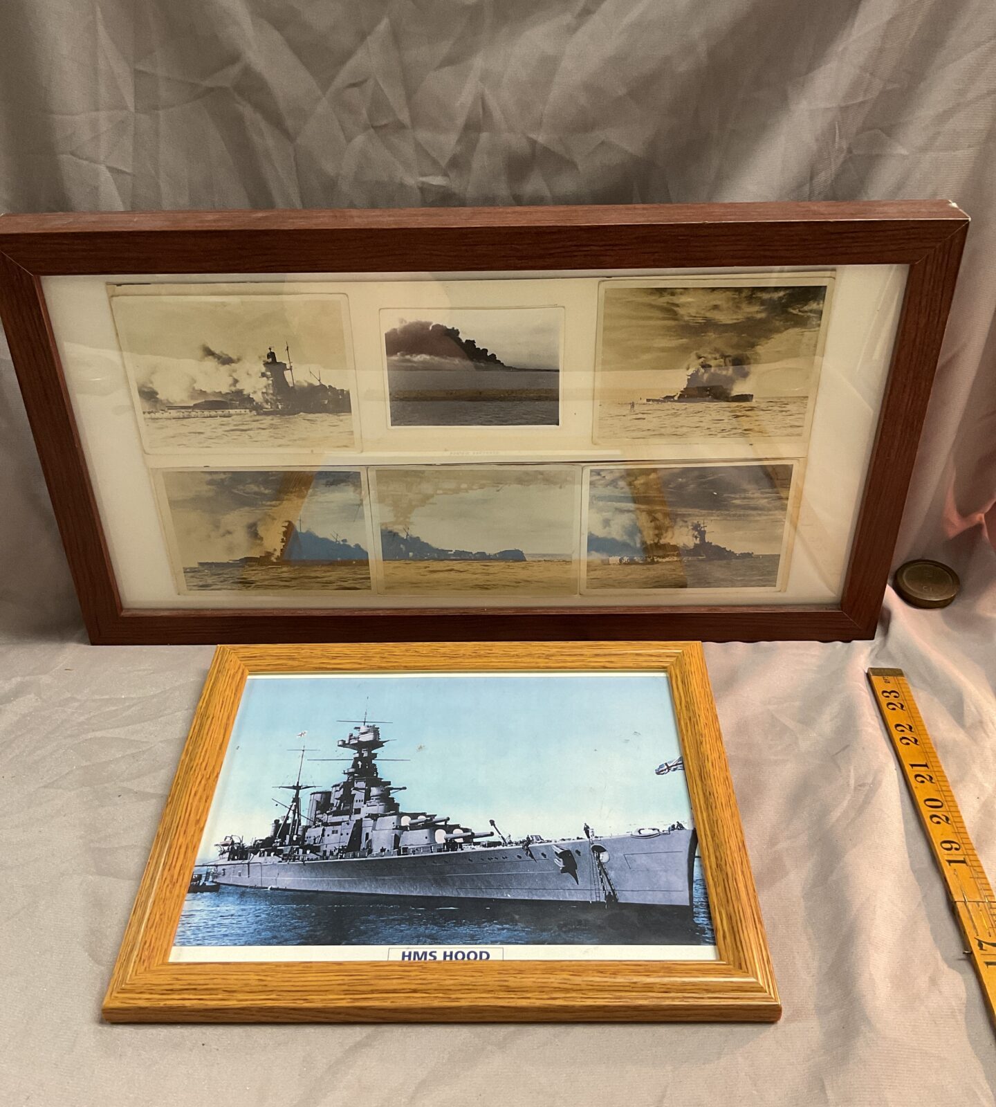 Six original original photographs from HMS Exeter of the sinking of German heavy cruiser Graf Spee 13th December 1939 and photo of HMS Hood