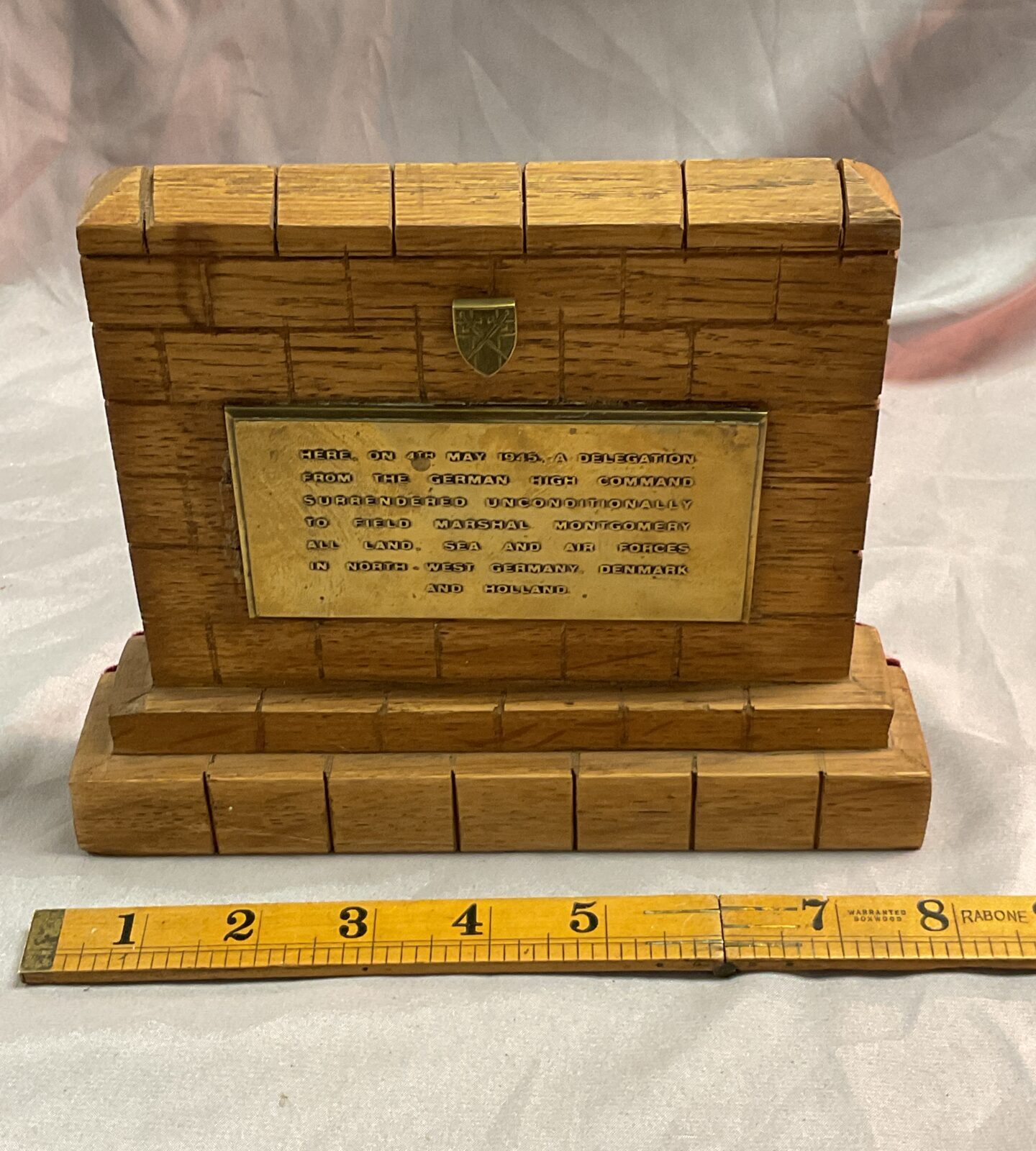 Carved Oak replica wall with brass plaque commemorating surrender of the German high command ww2