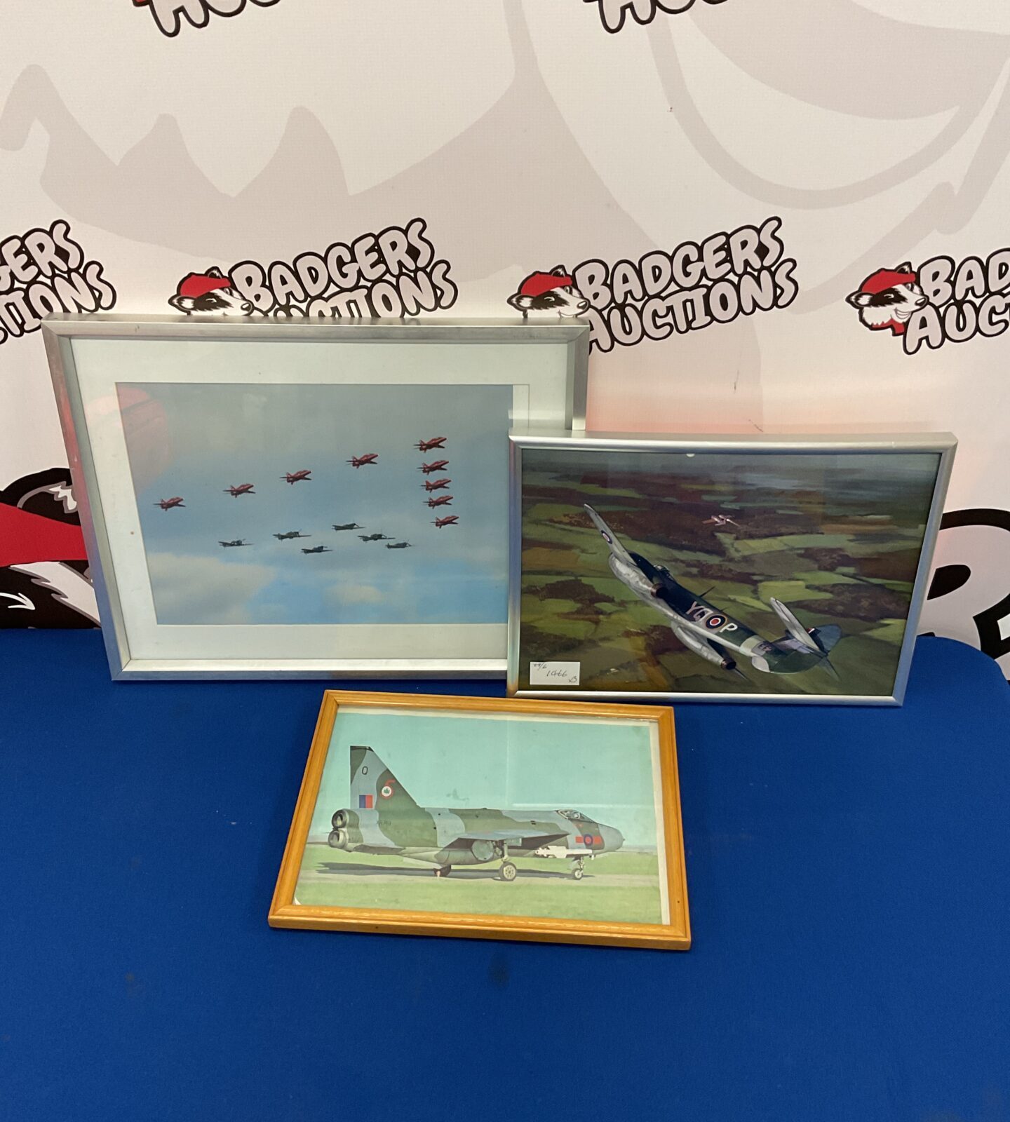 Three framed rag aircraft prints including red arrows & lightning