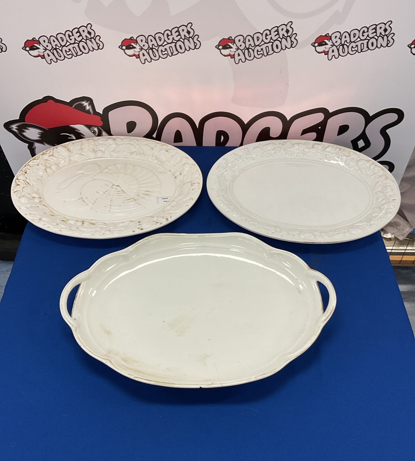 Three large white porcelain serving platters inc turkey meat plate