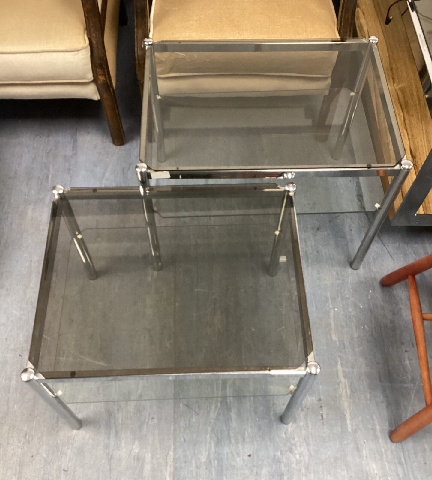 Two chrome & glass coffee tables