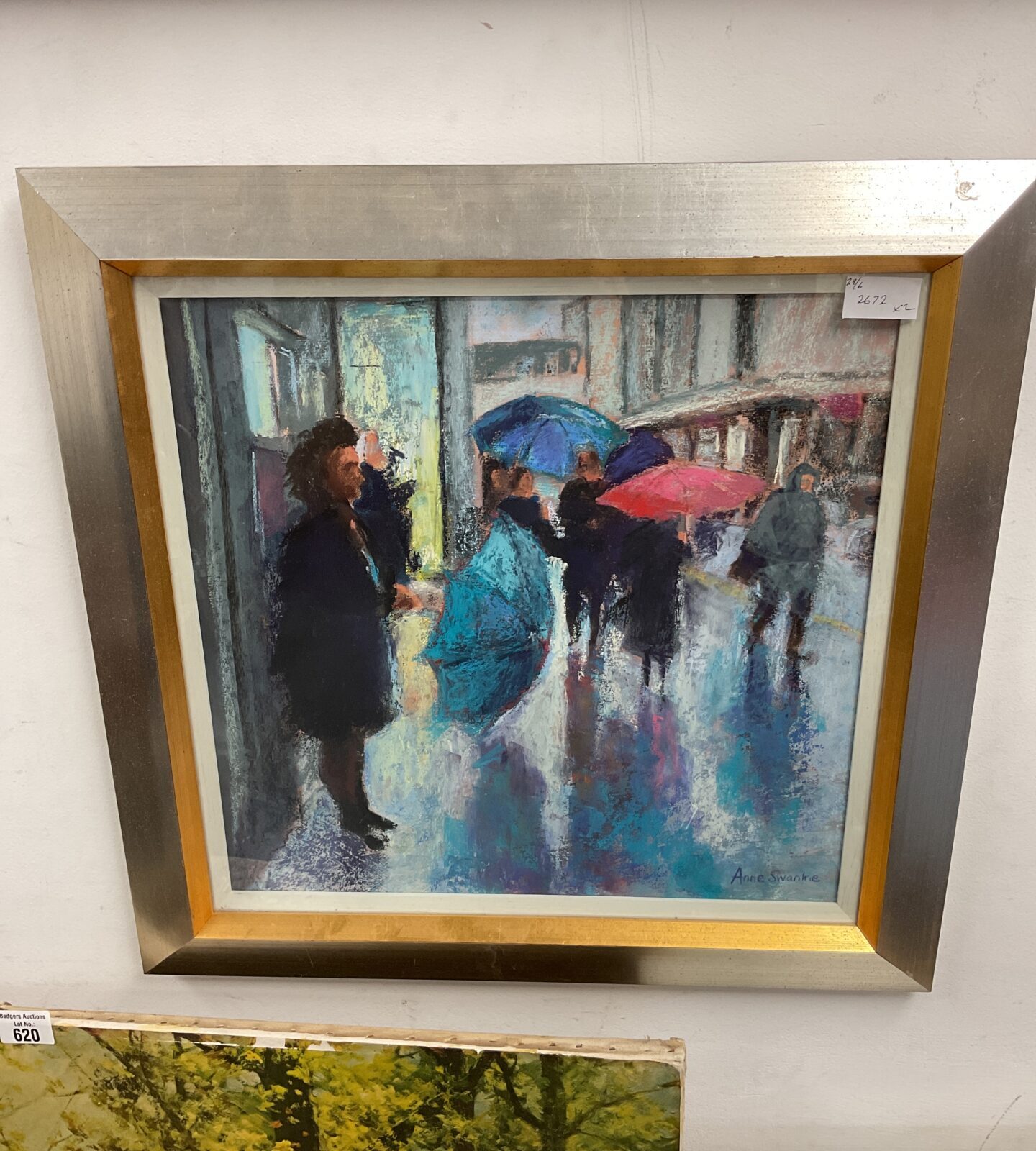 Anne swankie pastel artwork of a rainy street scene