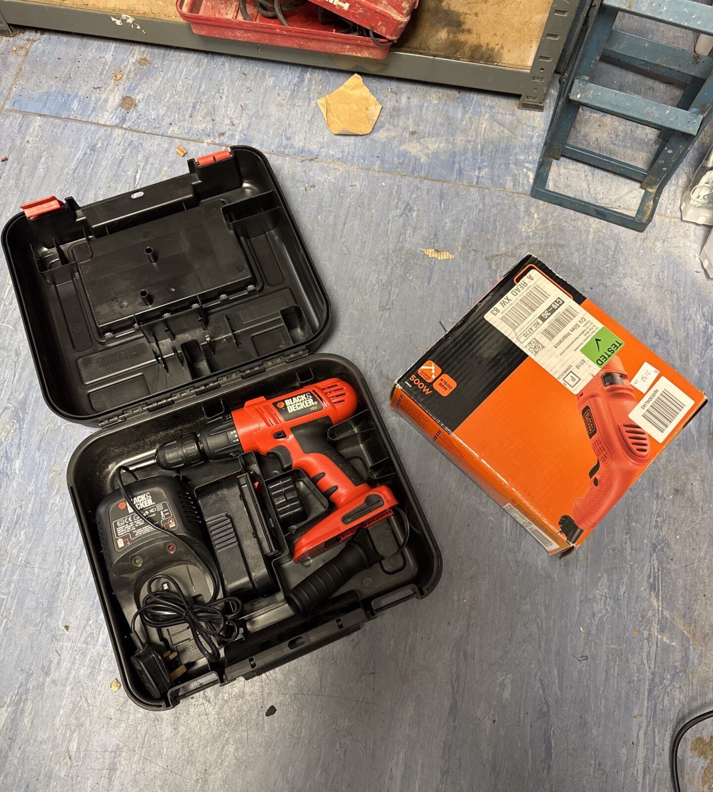 Black & decker kr504 drill (working) with black & decker cordless drill & charger (untested)