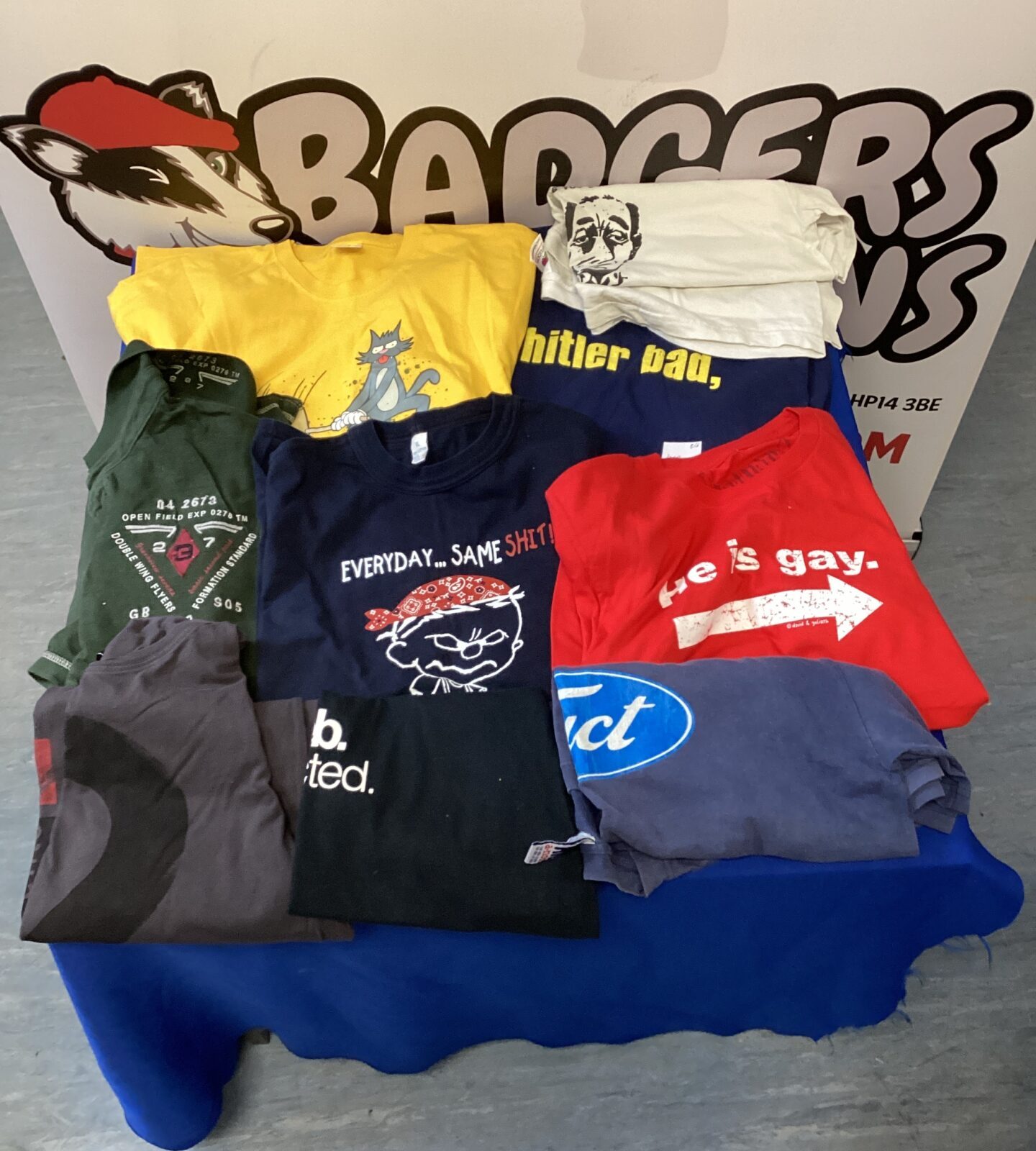 Quantity of novelty T-shirts inc bad hitler, same shit everyday & fruit of the loom