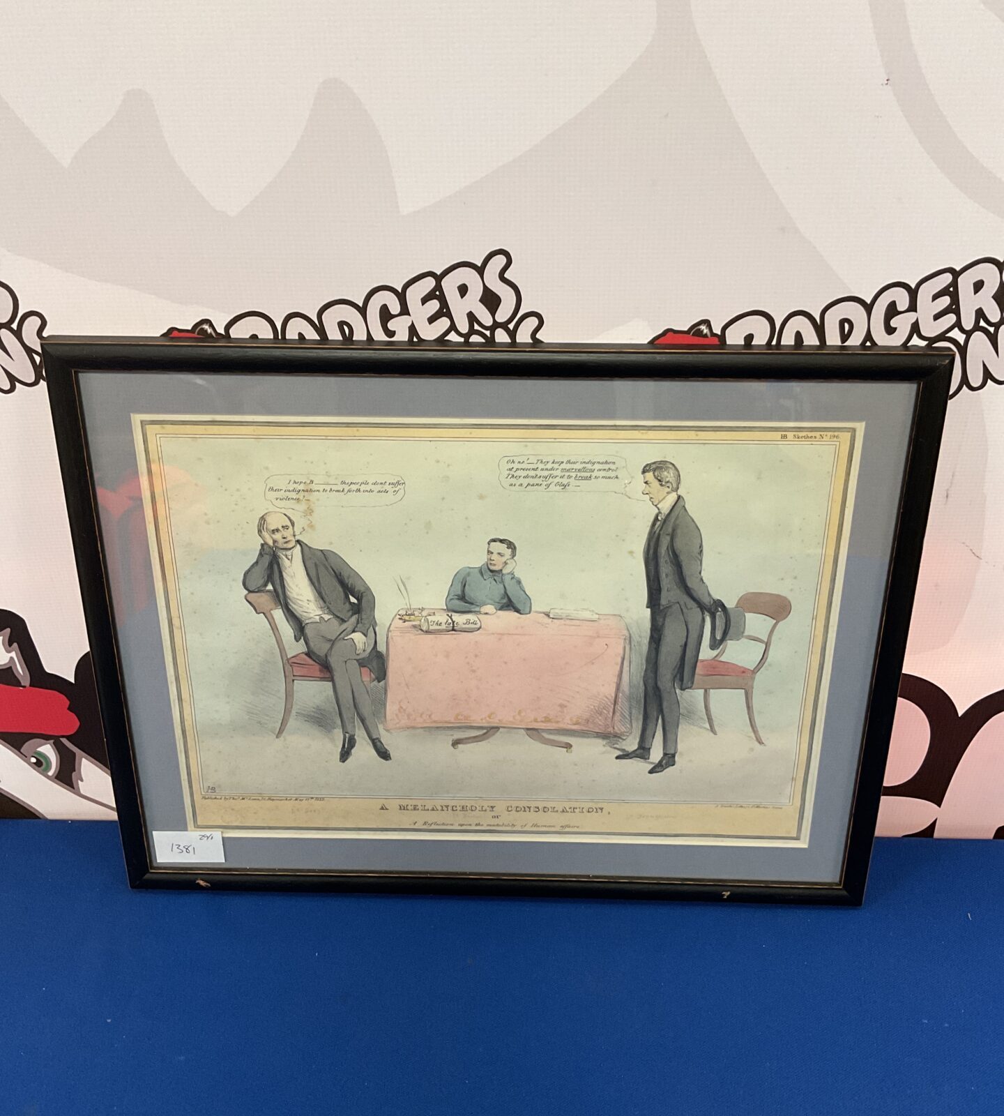 1832 thomas mclean hand coliured politacal cartoon titled a melancholy consolation