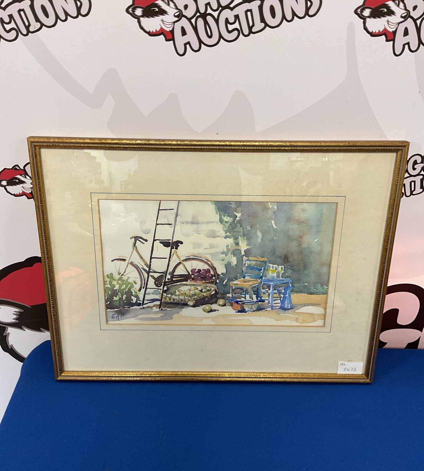E a pearce still life watercolour of bicycle & chair