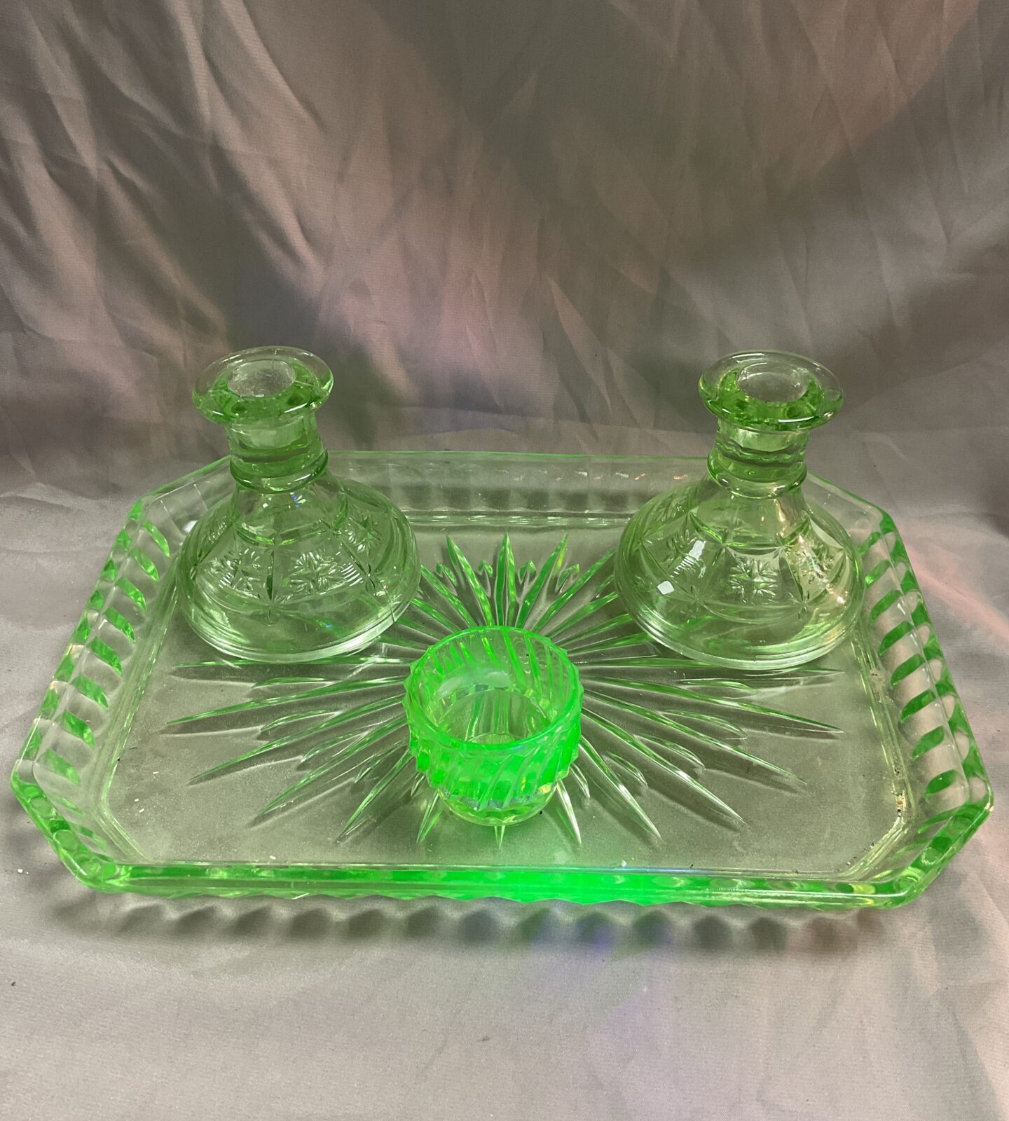 Uranium Green glass tray and small pot and pair green glass candlesticks