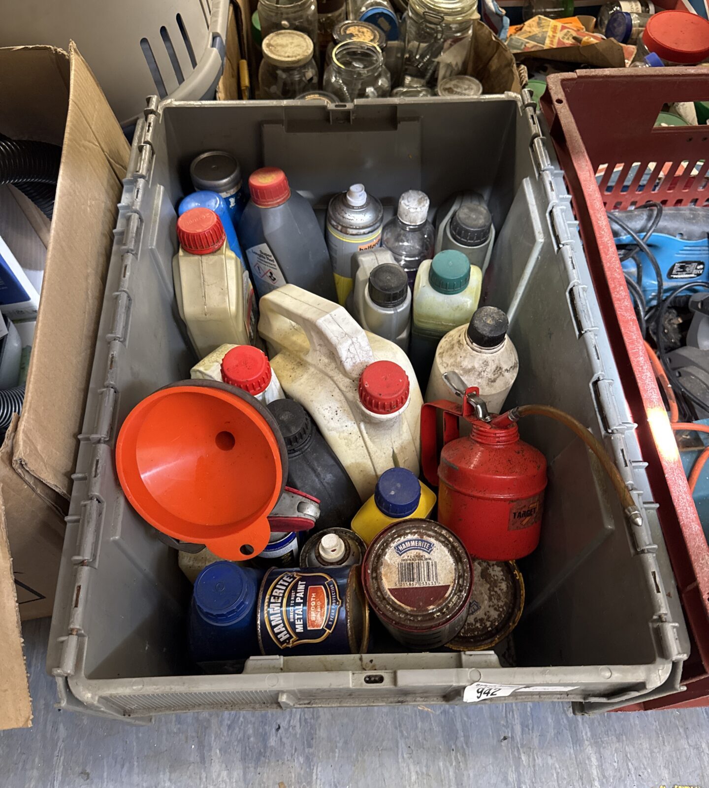 Tote crate with shed clearance contents
