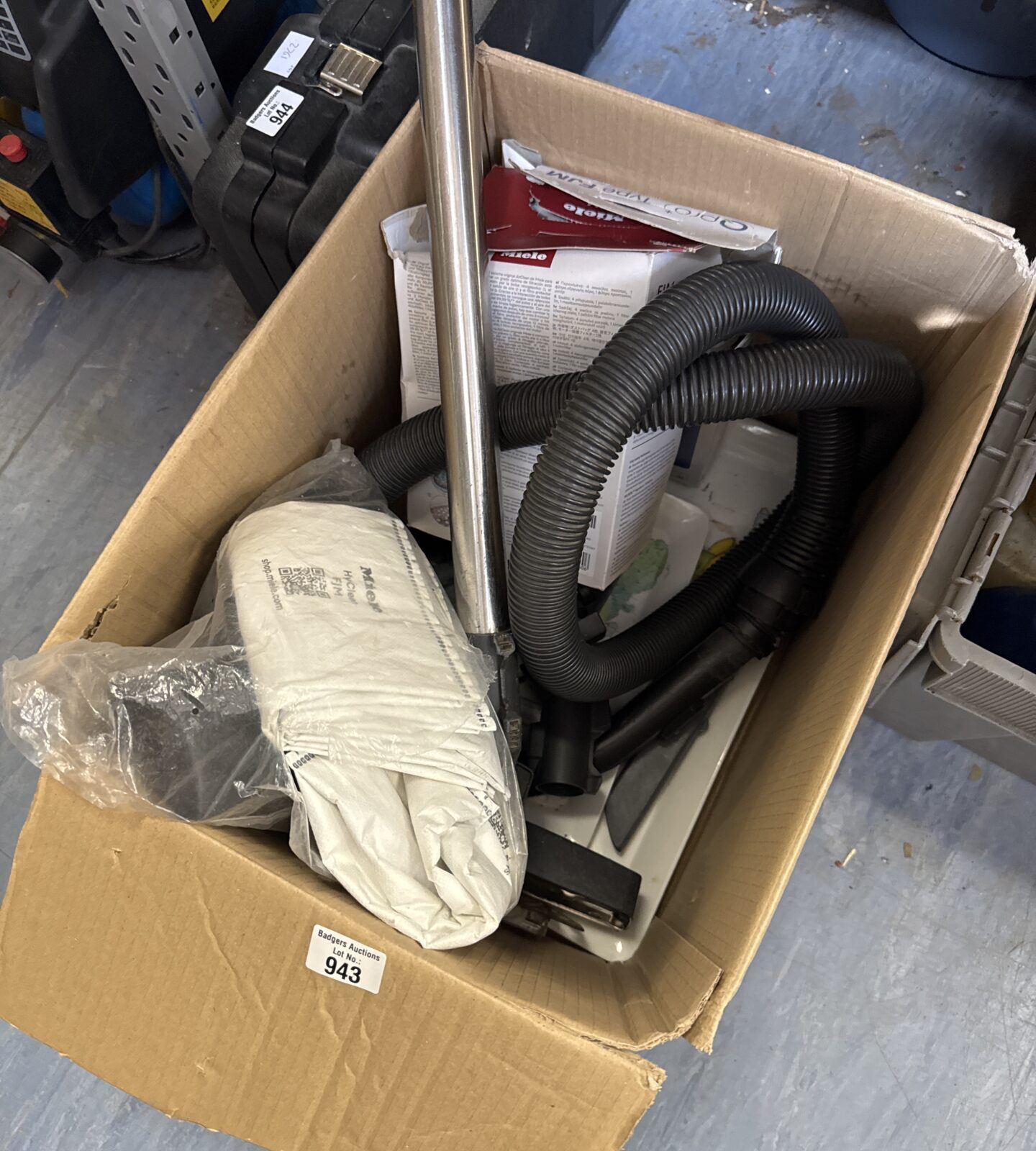 Box of assorted items inc miele hoover bags & others